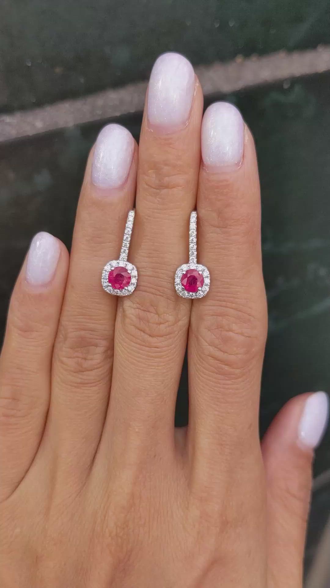 0.95 Ct.Tw. Ruby Natural Diamond Pave Earrings, 18K White Gold Size Video