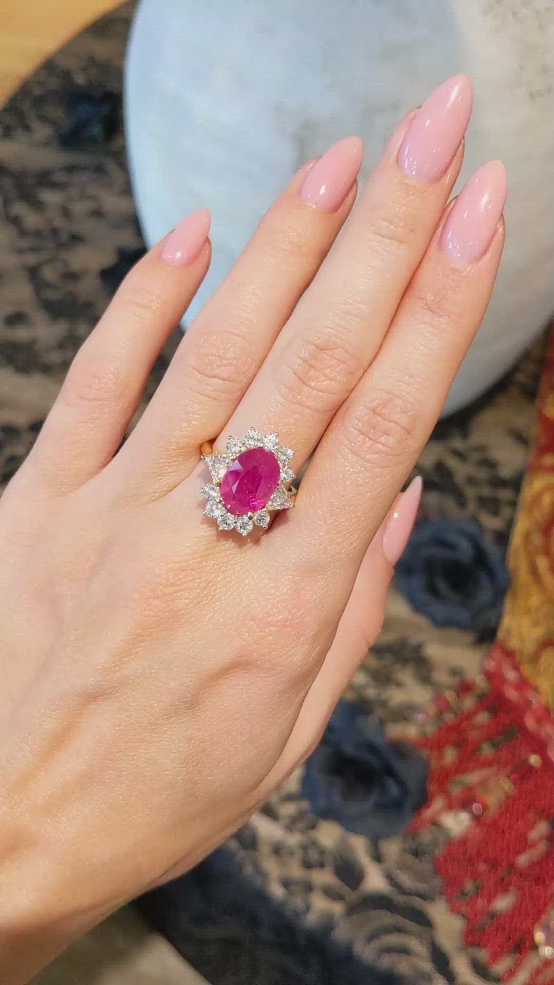 5.88 Ct. Ruby Natural Diamond Halo Ring, 18K Yellow Gold Size Video