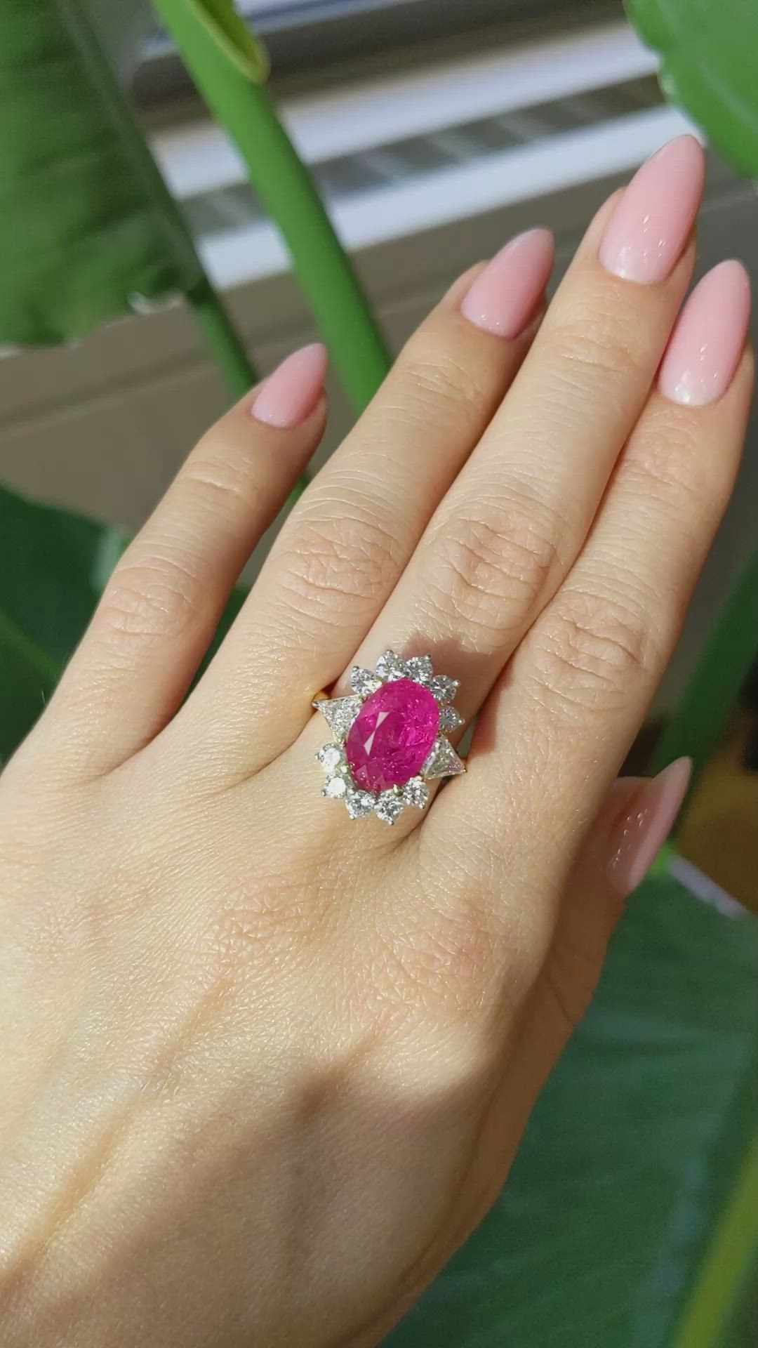 5.88 Ct. Ruby Natural Diamond Halo Ring, 18K Yellow Gold Size Video