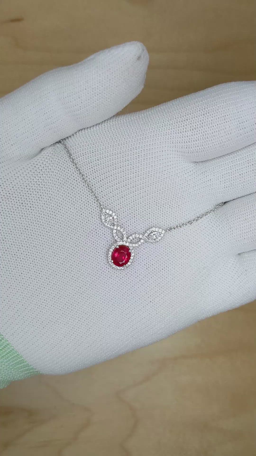 1.17 Ct. Ruby Natural Diamond Pave Necklace, 18K White Gold Size Video