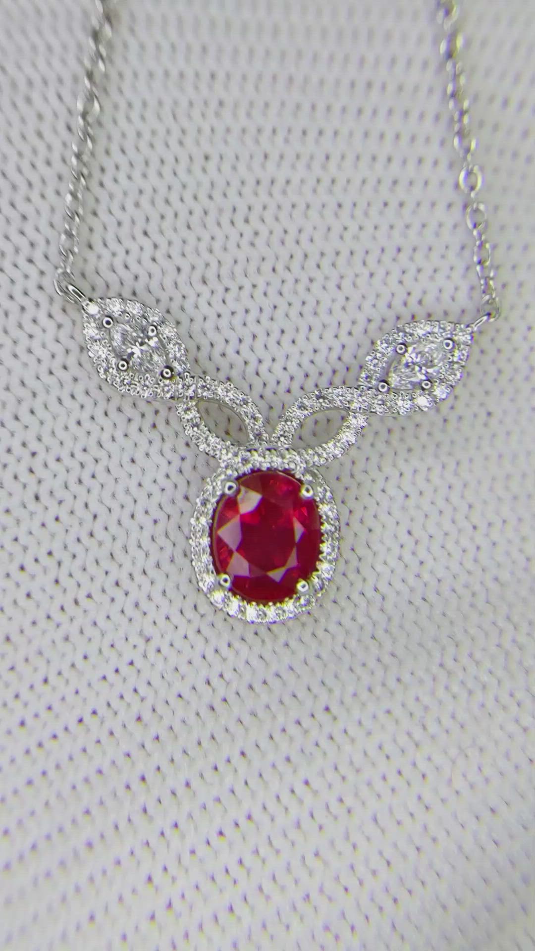 1.17 Ct. Ruby Natural Diamond Pave Necklace, 18K White Gold Size Video