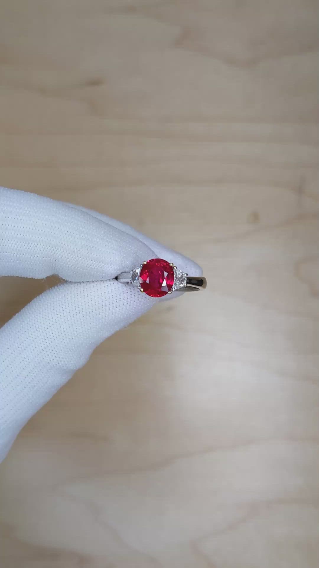 1.96 Ct. Ruby Natural Diamond Three Stone Ring, 18K White & Yellow Size Video