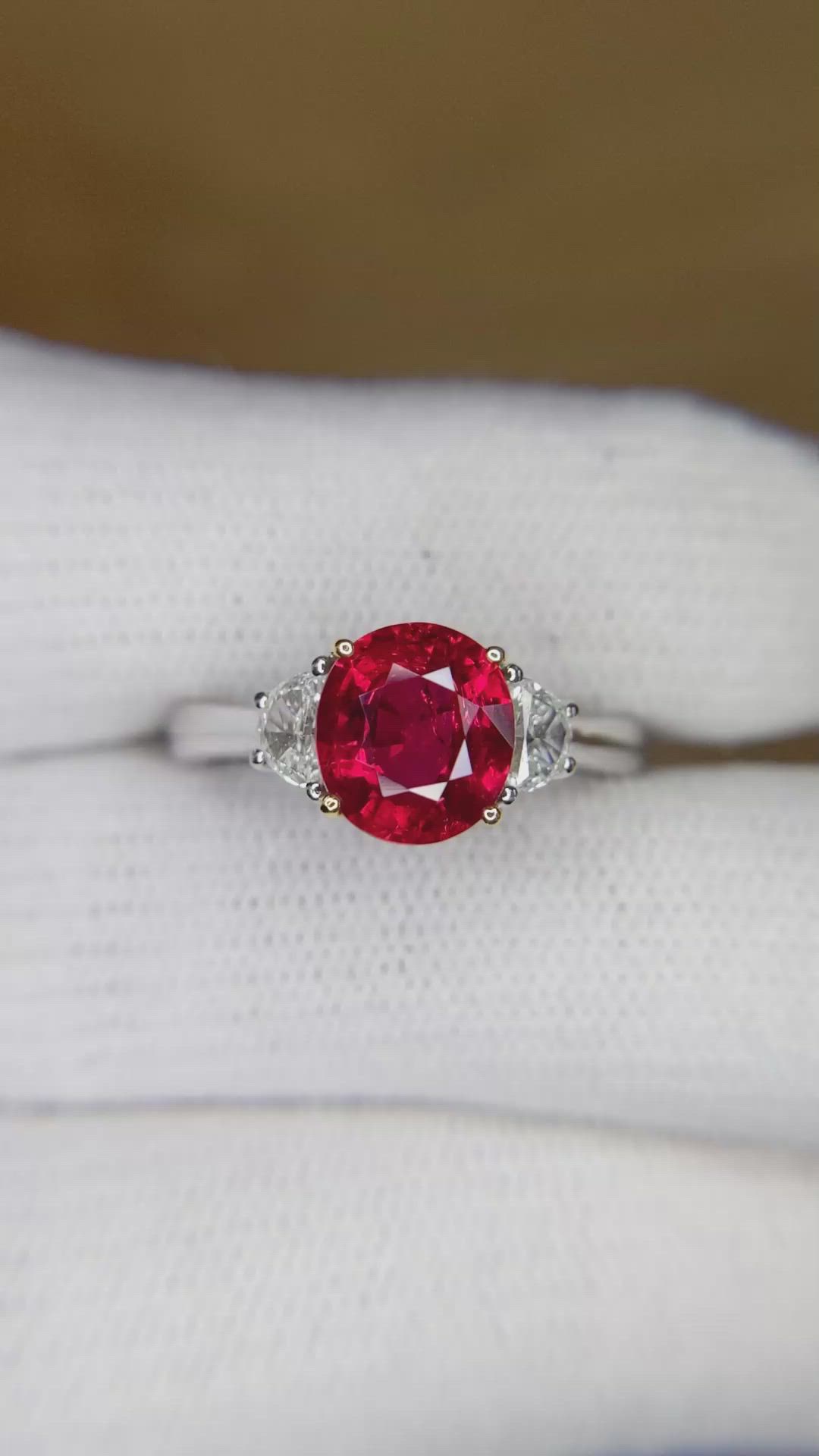 1.96 Ct. Ruby Natural Diamond Three Stone Ring, 18K White & Yellow Size Video