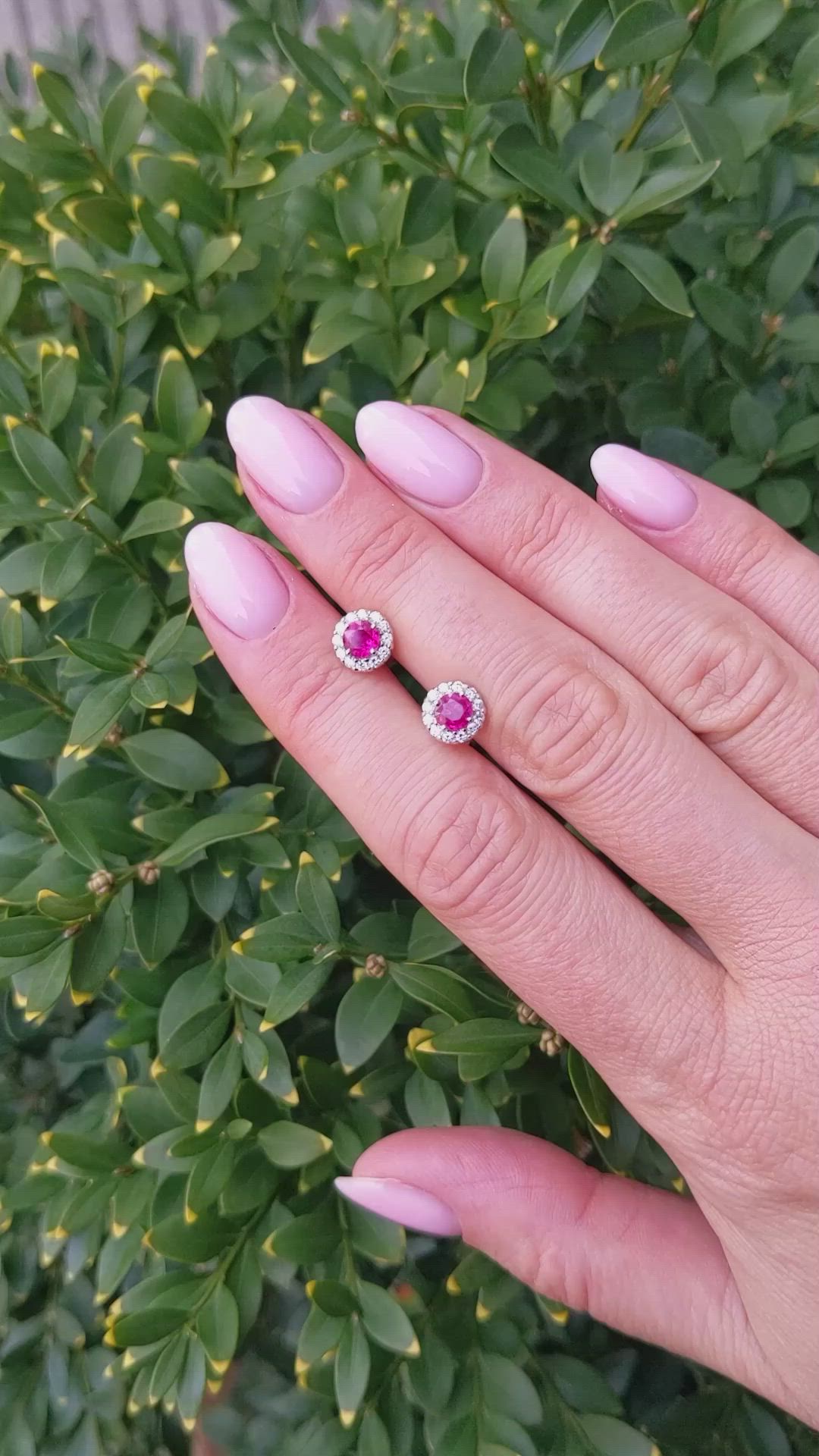 0.85 Ct.Tw.Total Carat Weight Pinkish Red Ruby and Natural Diamond Studs Earrings, 18K White Gold Size Video