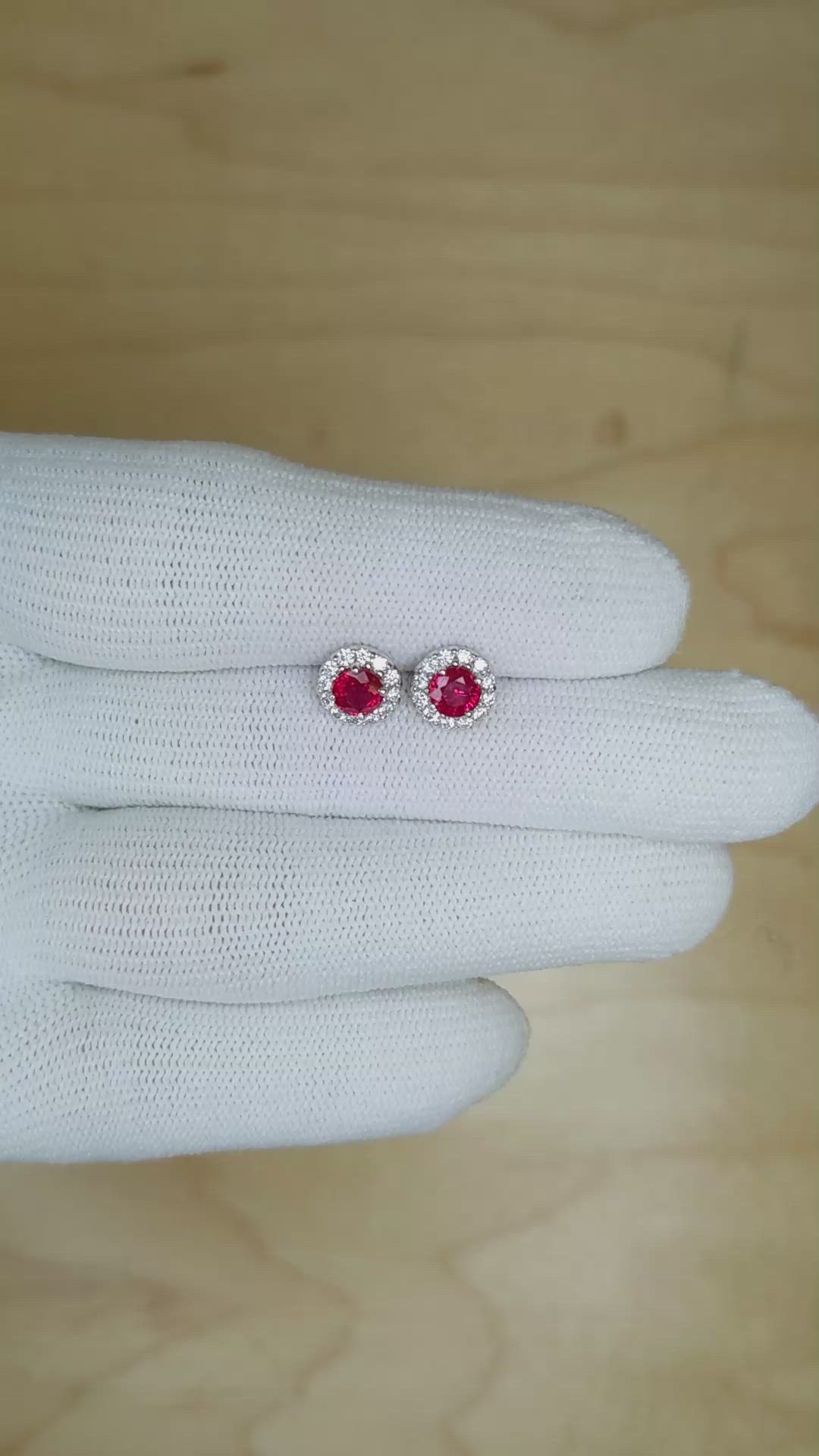 0.85 Ct.Tw.Total Carat Weight Pinkish Red Ruby and Natural Diamond Studs Earrings, 18K White Gold Size Video