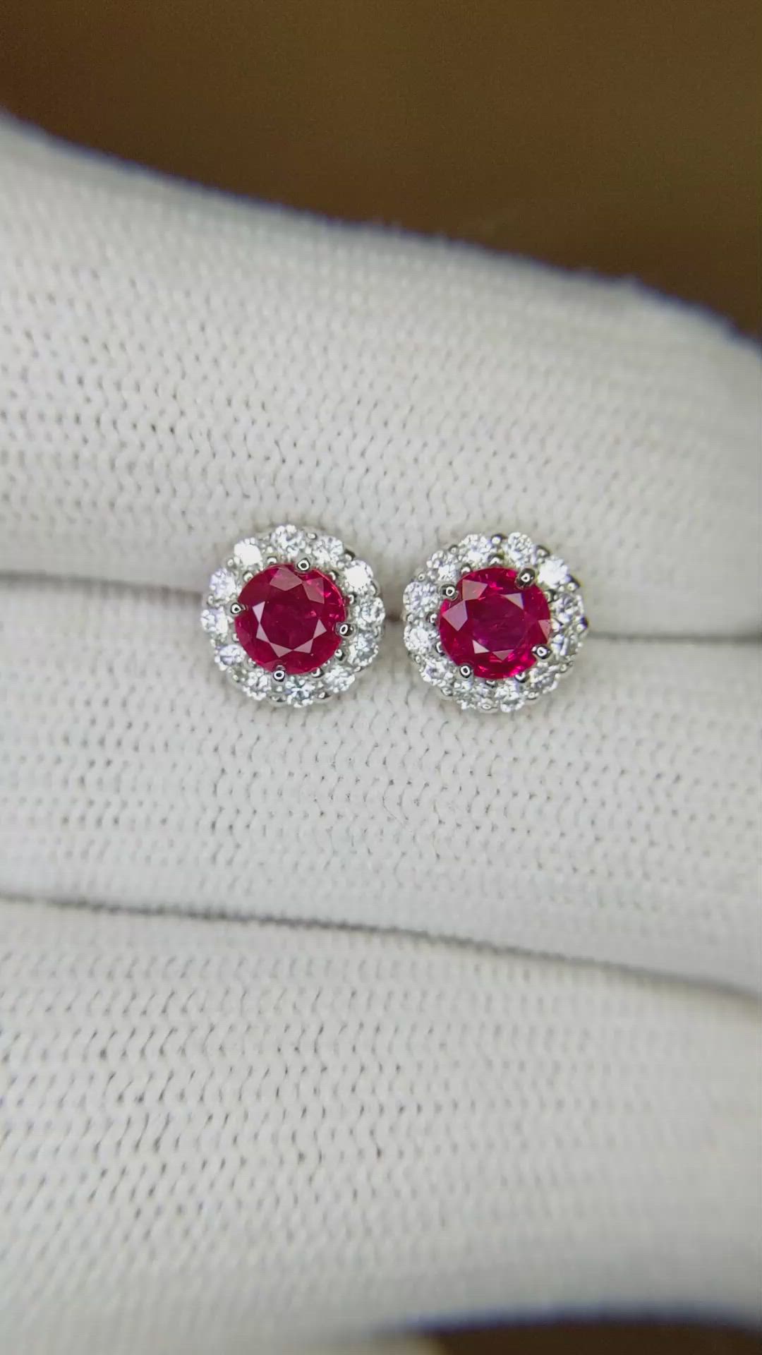 0.85 Ct.Tw.Total Carat Weight Pinkish Red Ruby and Natural Diamond Studs Earrings, 18K White Gold Size Video