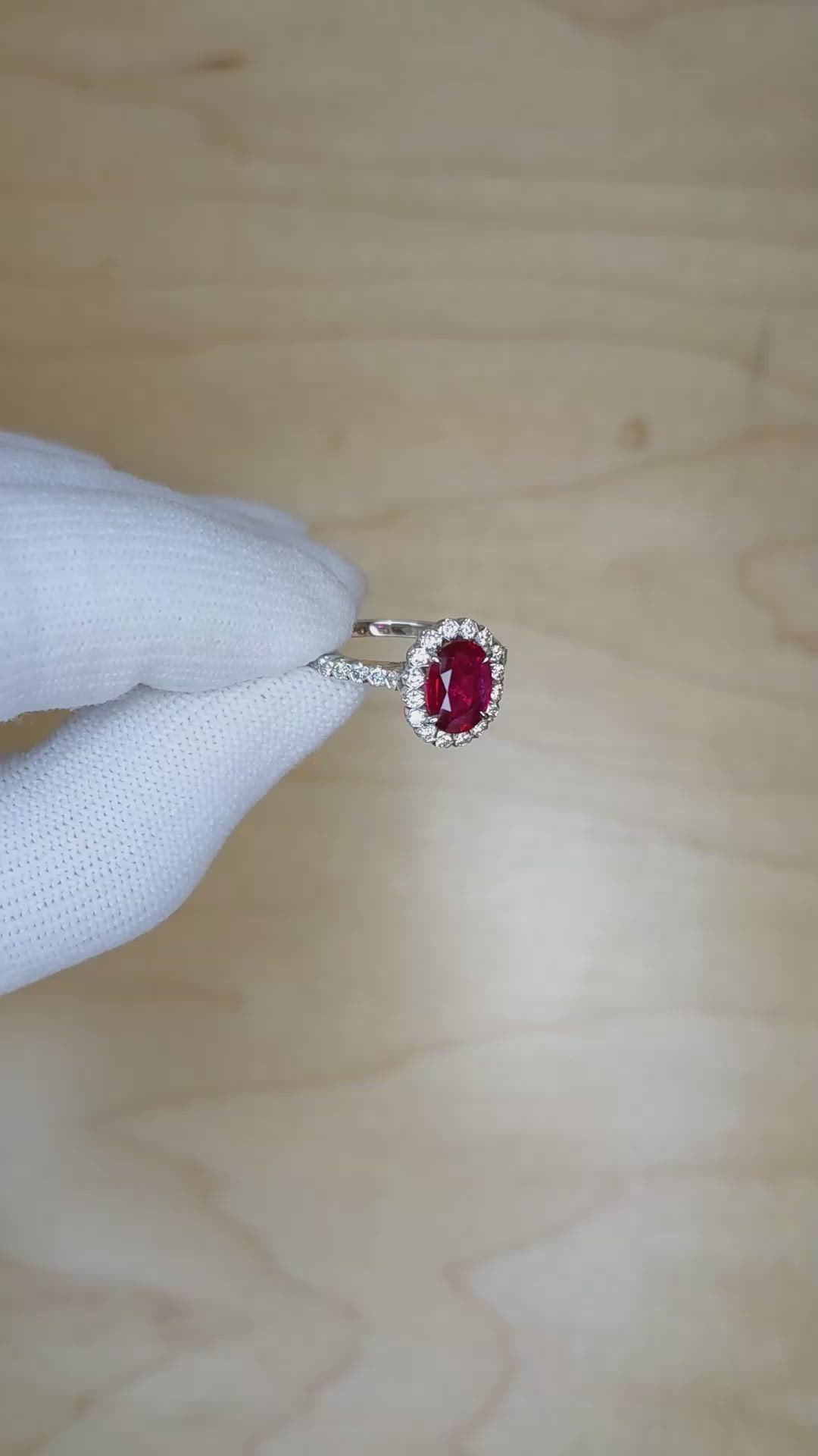 1.34 Ct. Ruby Natural Diamond Pave Ring, 18K White Gold Size Video