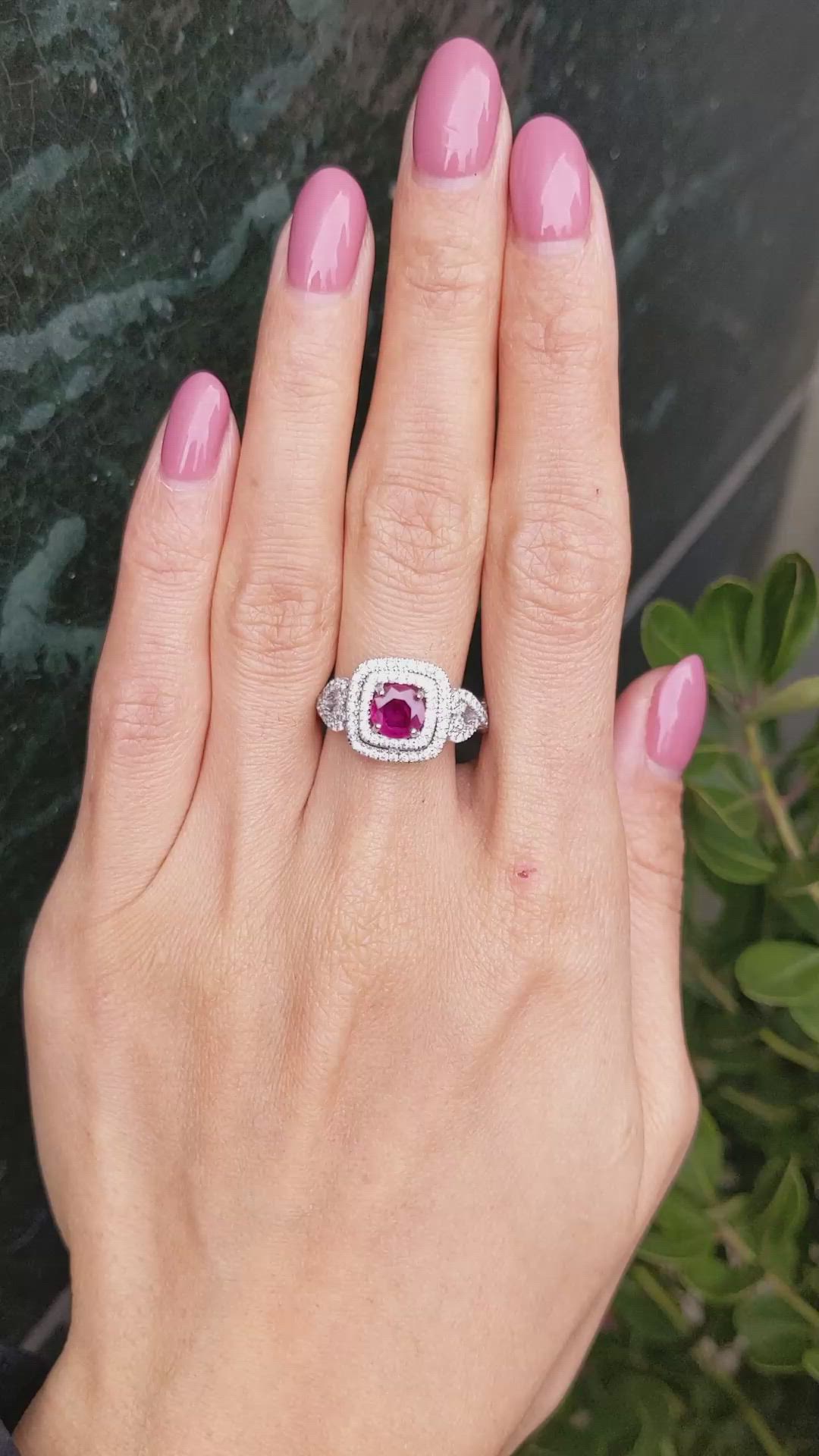 1.04 Ct. Ruby and Natural Diamond Pave Ring, 18K White Gold Size Video