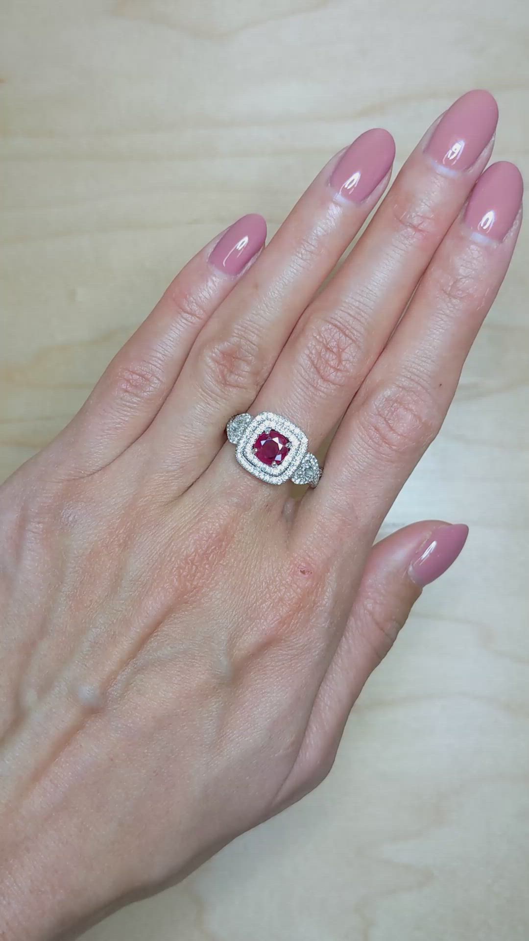 1.04 Ct. Ruby and Natural Diamond Pave Ring, 18K White Gold Size Video