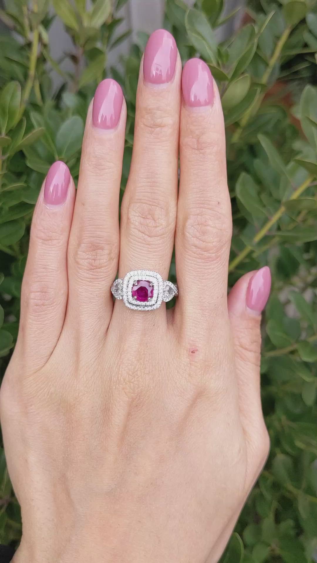 1.04 Ct. Ruby and Natural Diamond Pave Ring, 18K White Gold Size Video