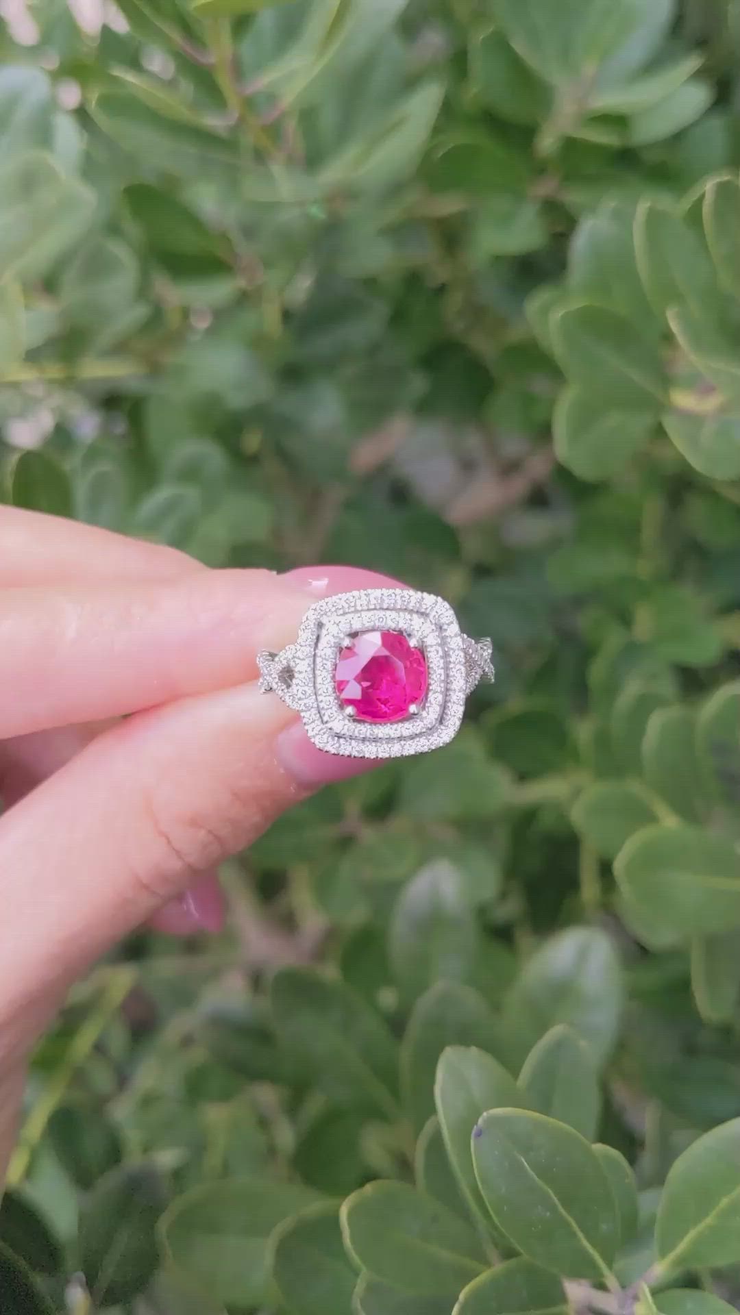 1.95 Ct. Pinkish Red Ruby and Natural Diamond Pave Ring, 18K White Gold Size Video