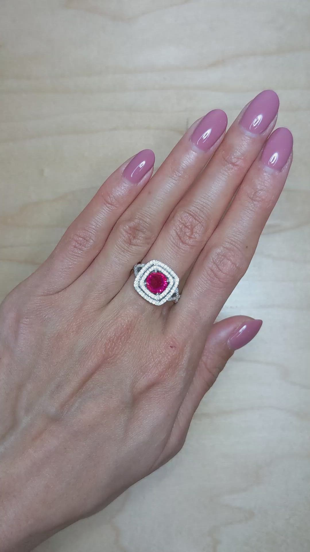 1.95 Ct. Pinkish Red Ruby and Natural Diamond Pave Ring, 18K White Gold Size Video