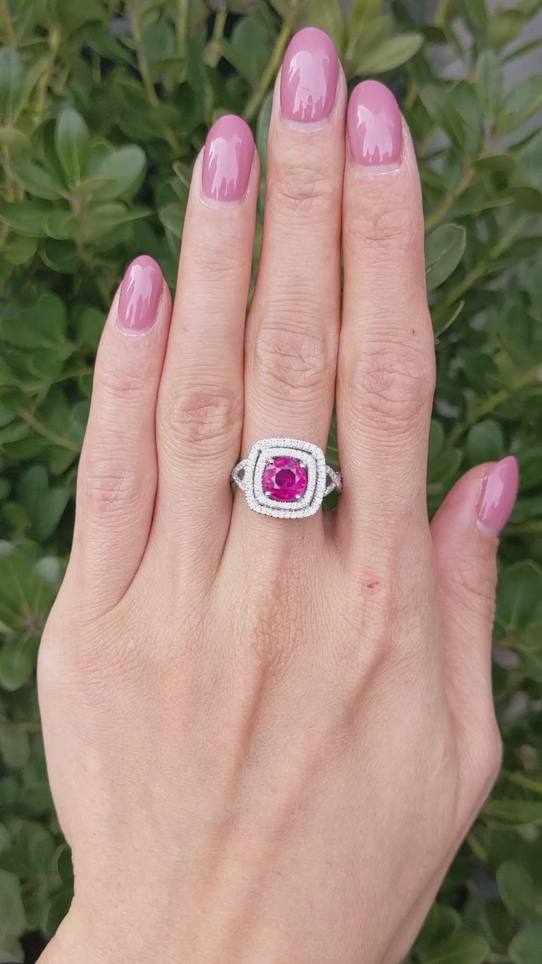 1.95 Ct. Pinkish Red Ruby and Natural Diamond Pave Ring, 18K White Gold Size Video