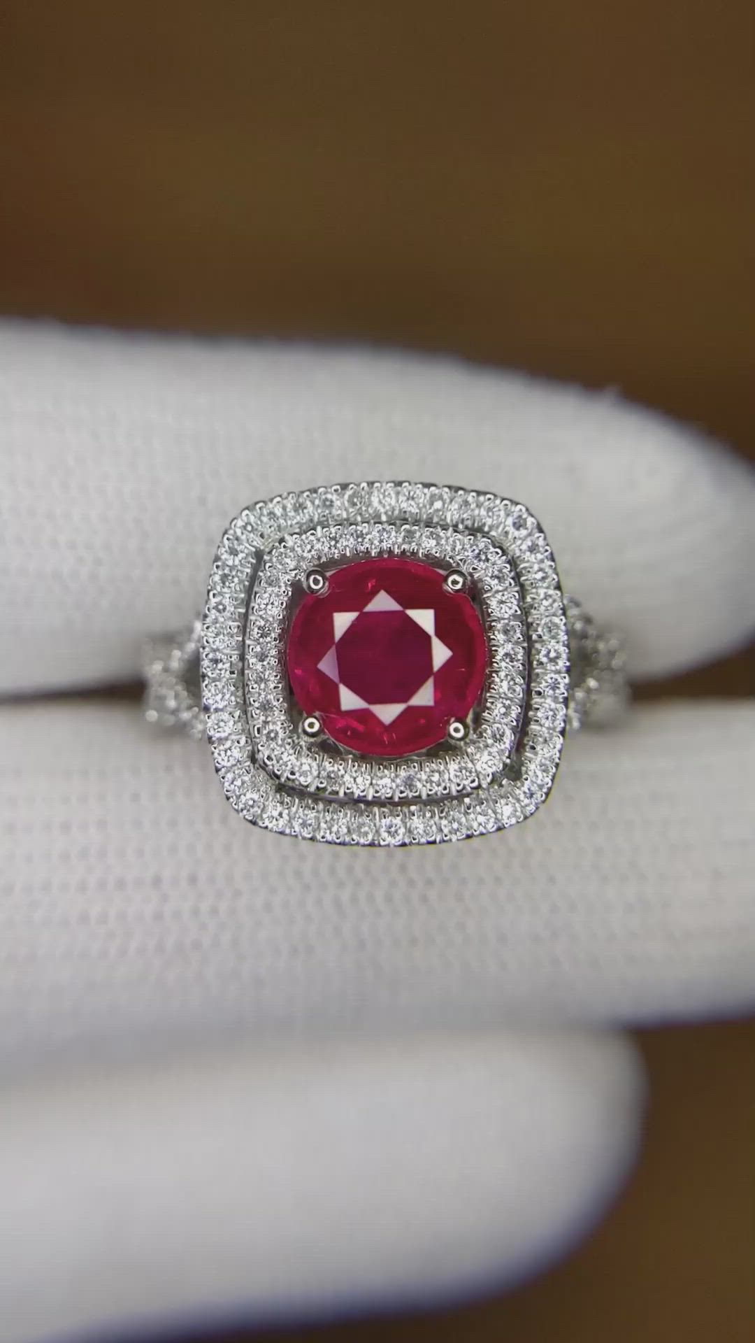 1.95 Ct. Pinkish Red Ruby and Natural Diamond Pave Ring, 18K White Gold Size Video