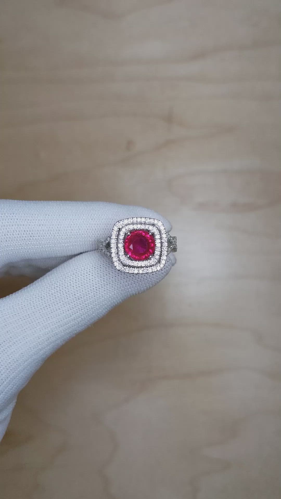 1.95 Ct. Pinkish Red Ruby and Natural Diamond Pave Ring, 18K White Gold Size Video