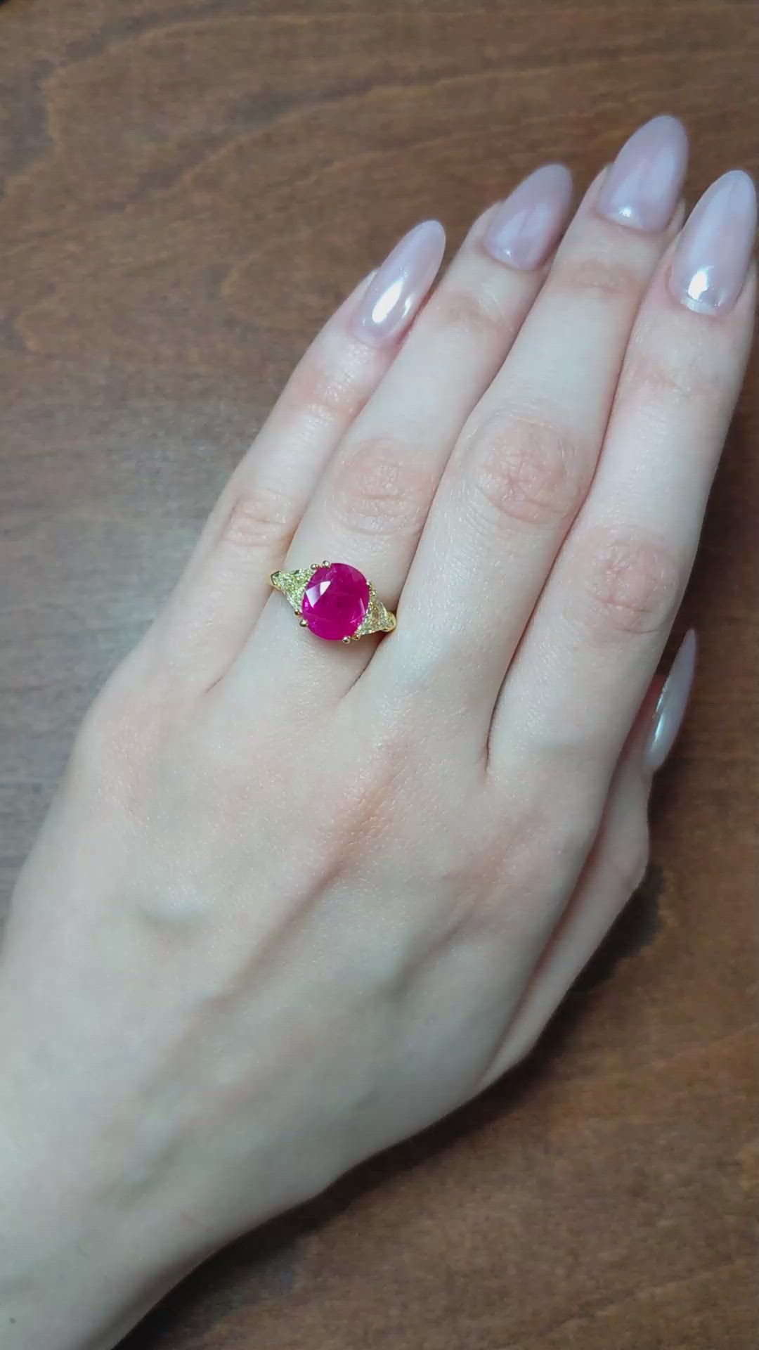 4.14 Ct. Pinkish Red Ruby and Natural Diamond Three Stone Ring, 18K Yellow Gold Size Video