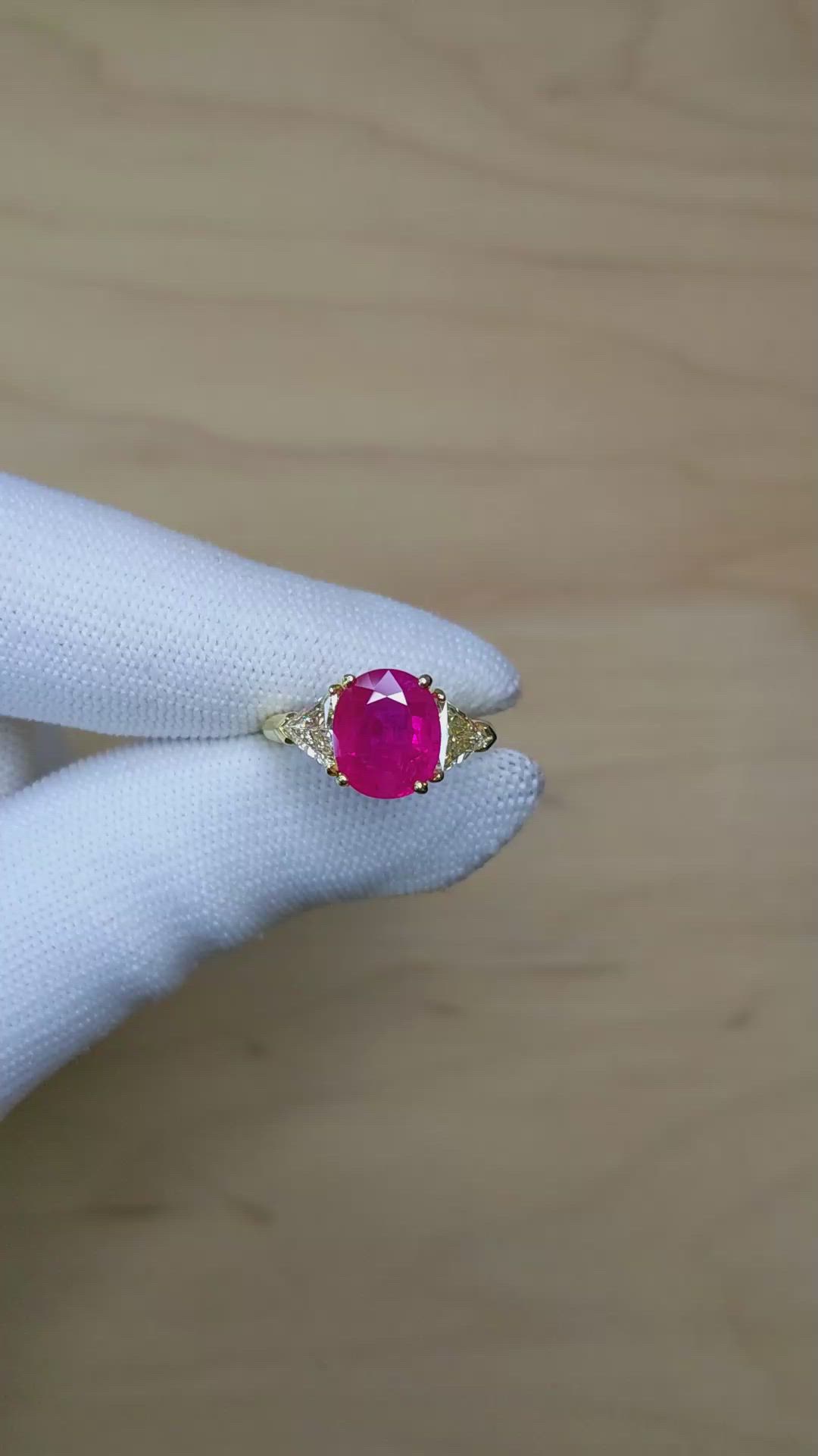 4.14 Ct. Pinkish Red Ruby and Natural Diamond Three Stone Ring, 18K Yellow Gold Size Video