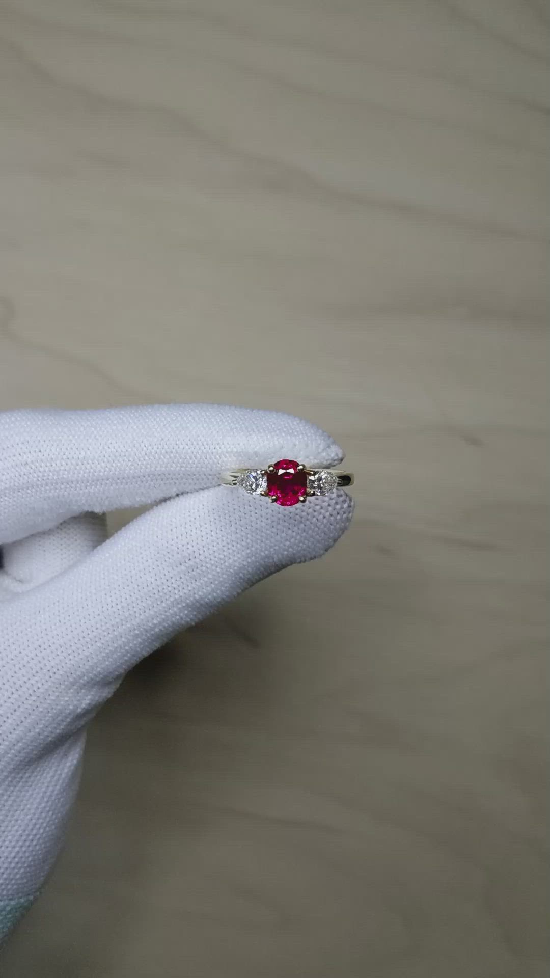 1.14 Ct. Ruby and Natural Diamond Three Stone Ring, 18K Yellow Gold Size Video