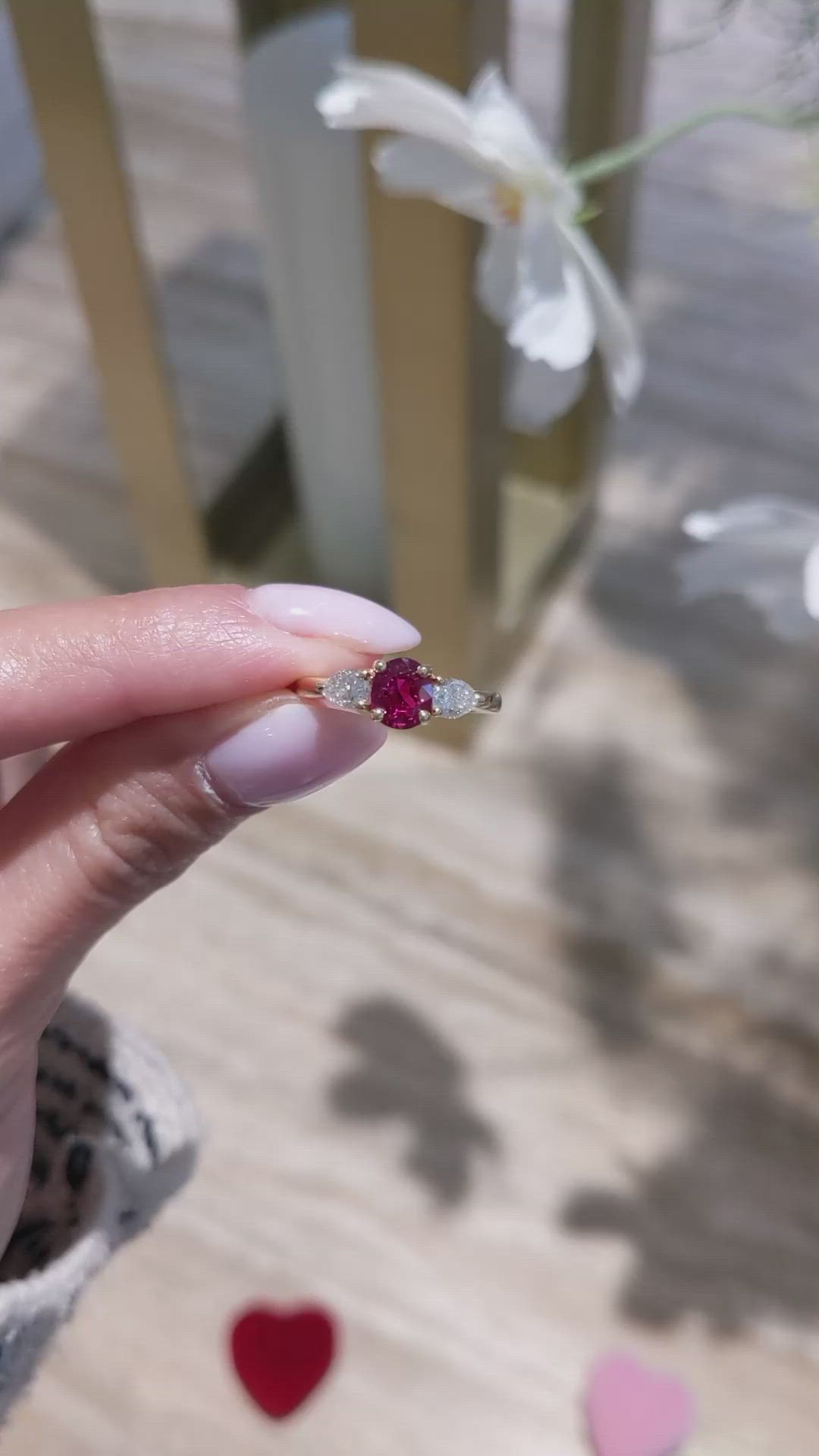 1.14 Ct. Ruby and Natural Diamond Three Stone Ring, 18K Yellow Gold Size Video