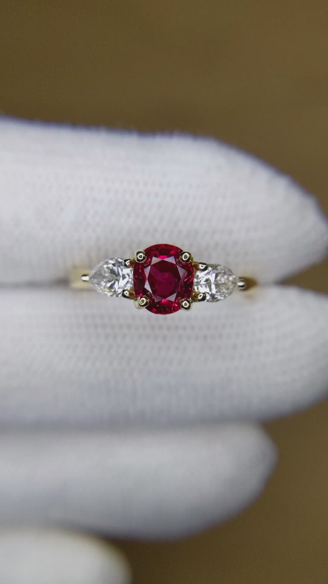 1.14 Ct. Ruby and Natural Diamond Three Stone Ring, 18K Yellow Gold Size Video