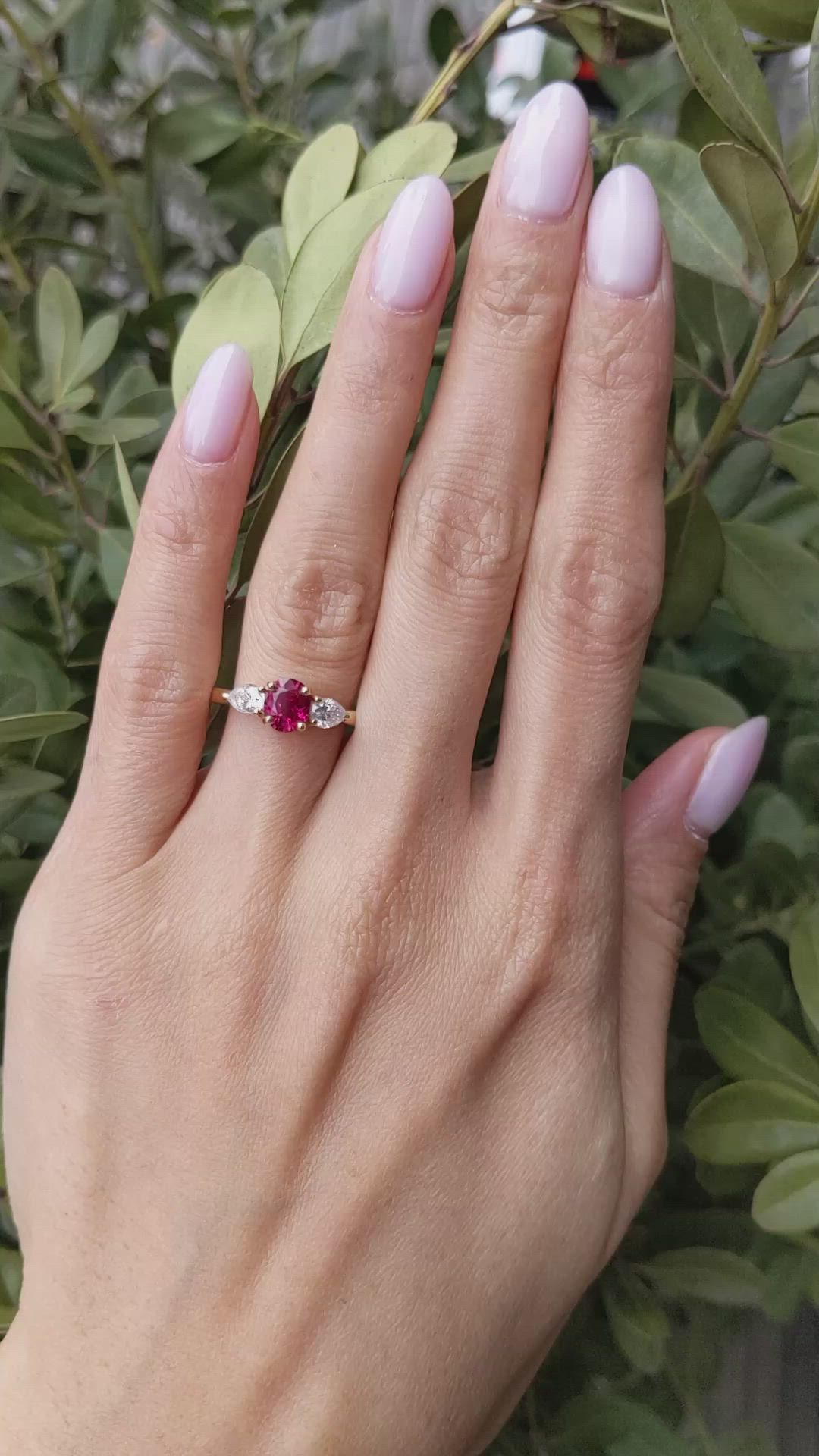 1.14 Ct. Ruby and Natural Diamond Three Stone Ring, 18K Yellow Gold Size Video