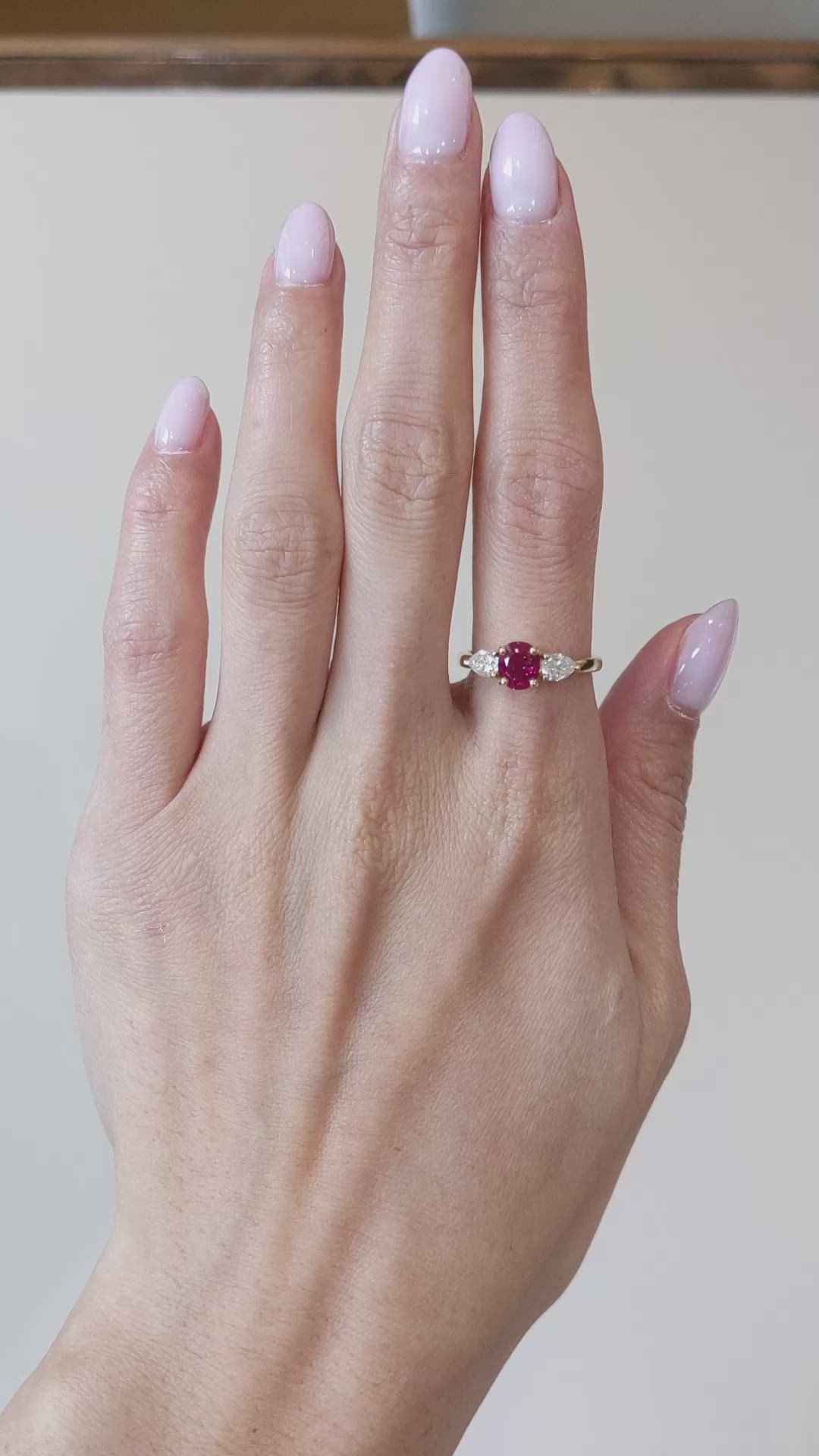 1.14 Ct. Ruby and Natural Diamond Three Stone Ring, 18K Yellow Gold Size Video
