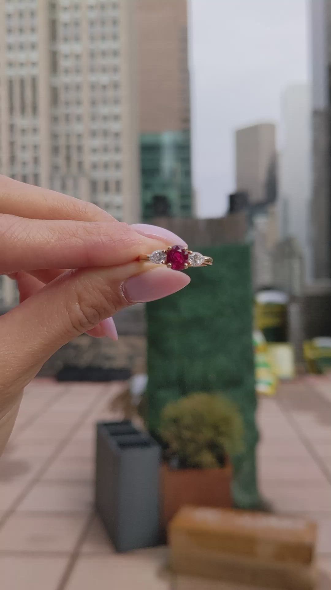 1.14 Ct. Ruby and Natural Diamond Three Stone Ring, 18K Yellow Gold Size Video