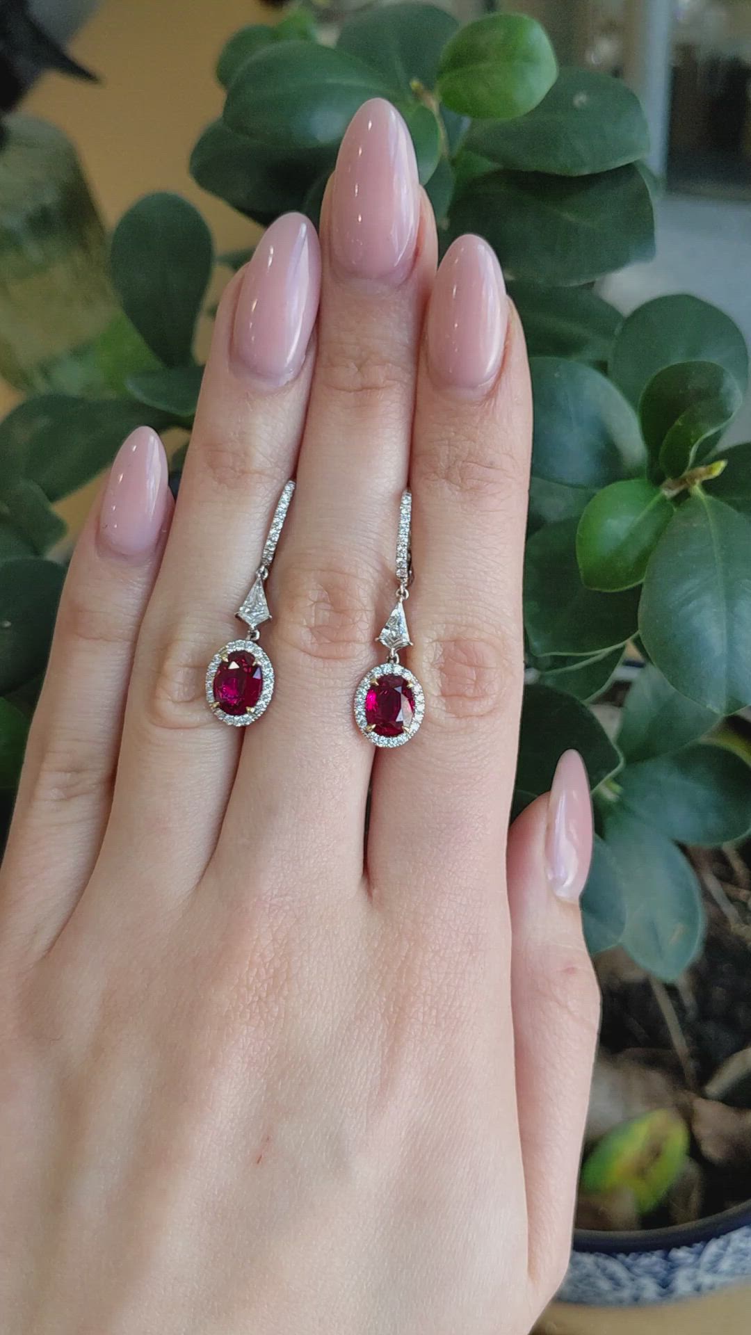 3.48&nbsp;Ct.Tw.Total Carat Weight Ruby and Natural Diamond Pave Earrings, 18K White & Yellow Size Video