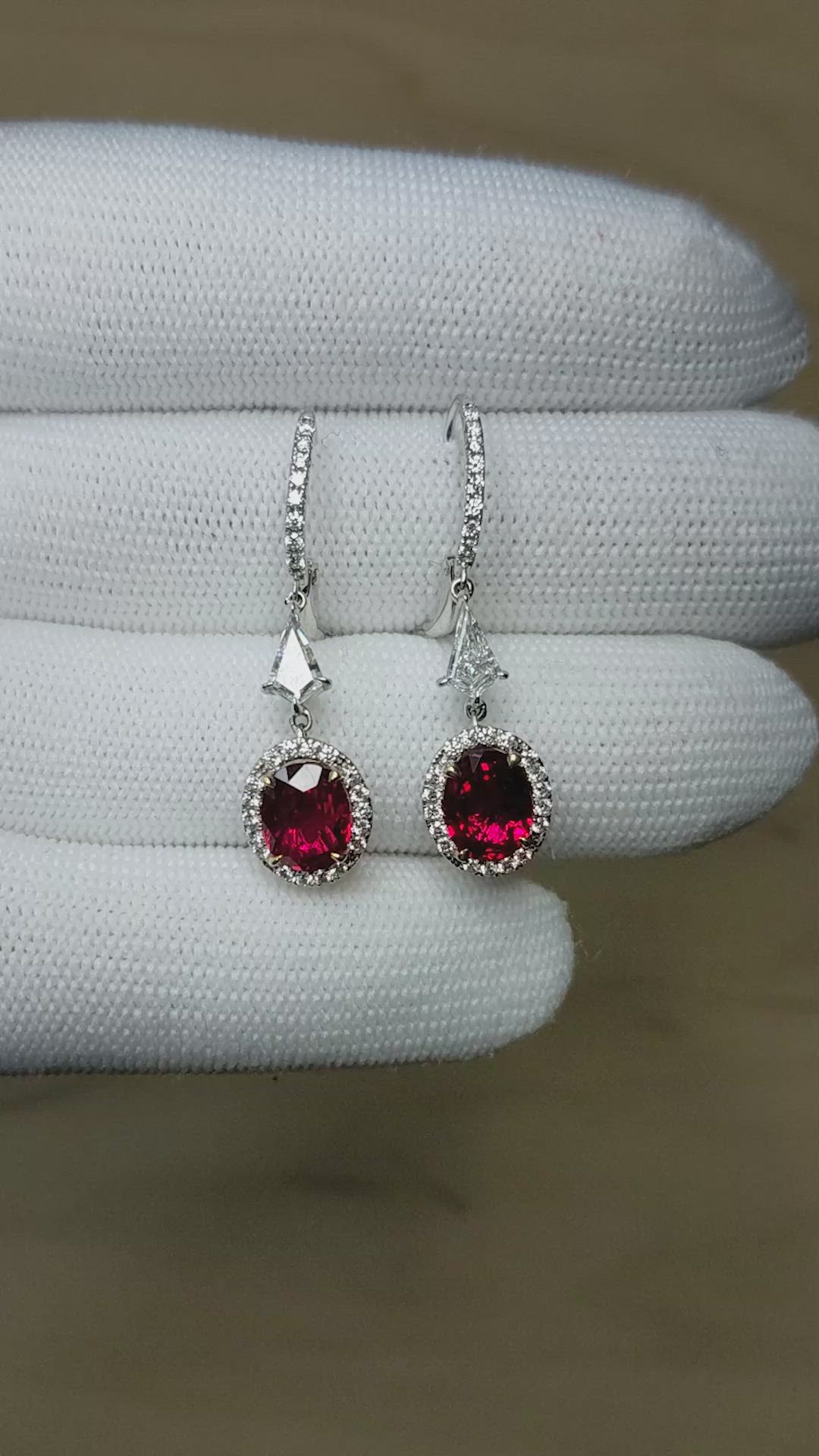 3.48&nbsp;Ct.Tw.Total Carat Weight Ruby and Natural Diamond Pave Earrings, 18K White & Yellow Size Video