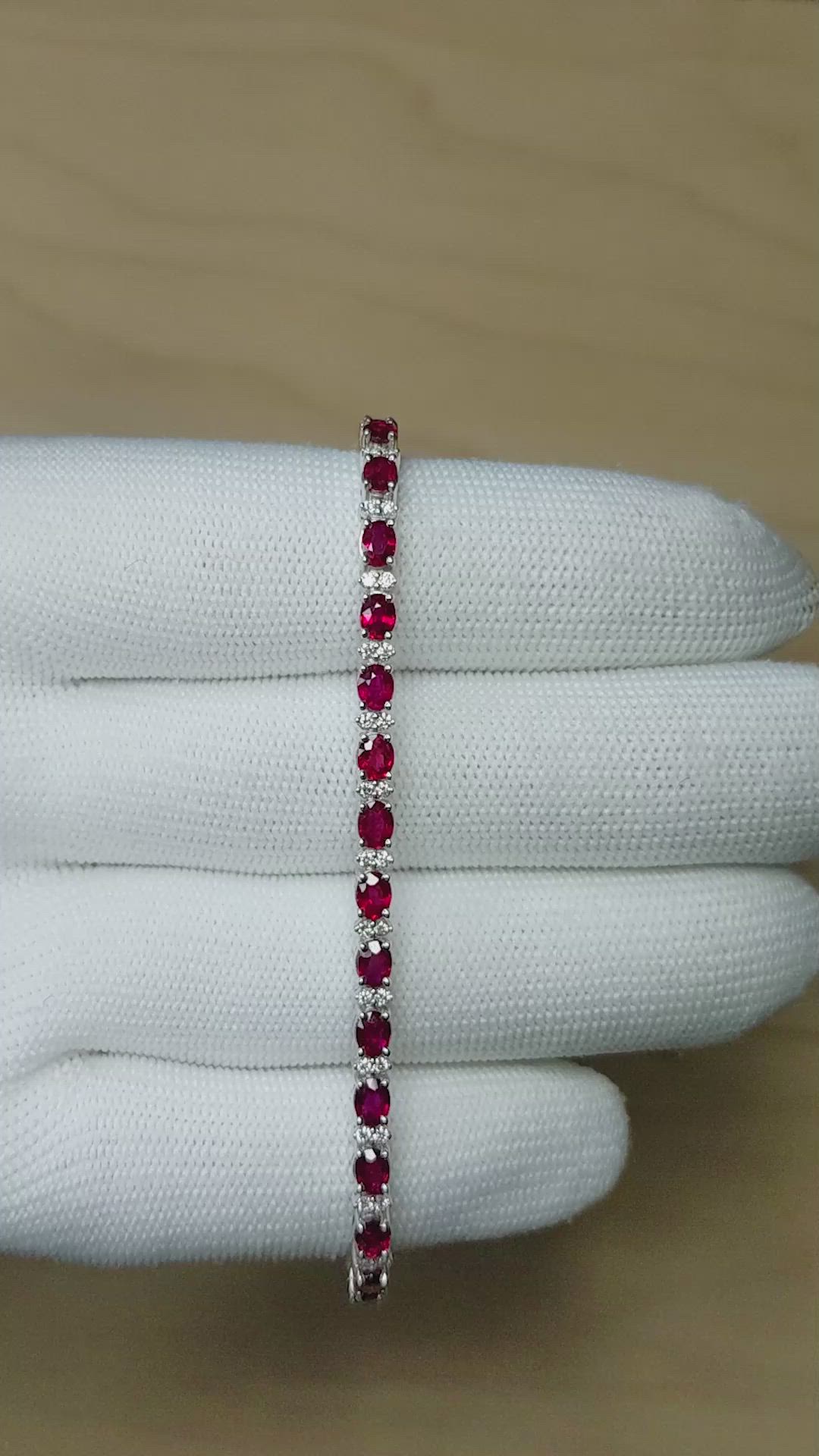 6.32&nbsp;Ct.Tw.Total Carat Weight Ruby and Natural Diamond Pave Bracelet, 18K White Gold Size Video