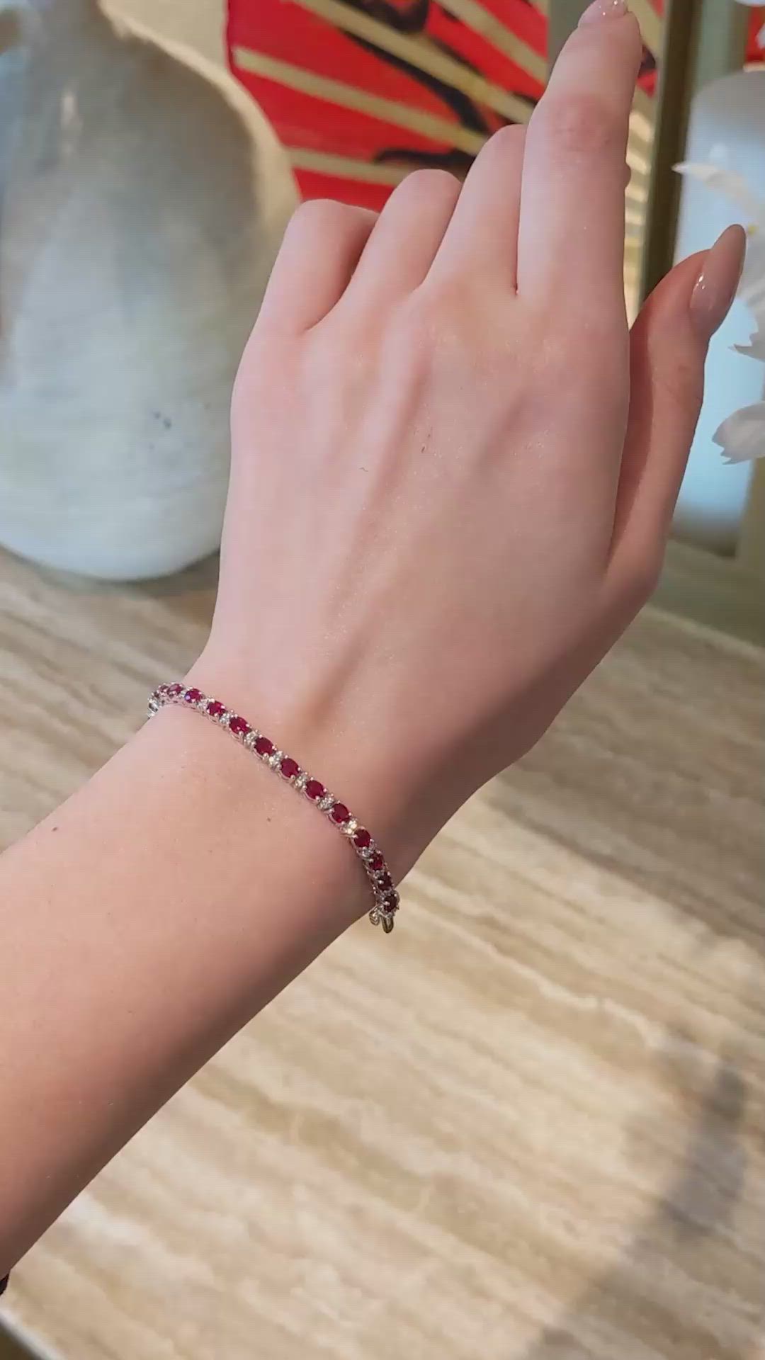 6.32&nbsp;Ct.Tw.Total Carat Weight Ruby and Natural Diamond Pave Bracelet, 18K White Gold Size Video