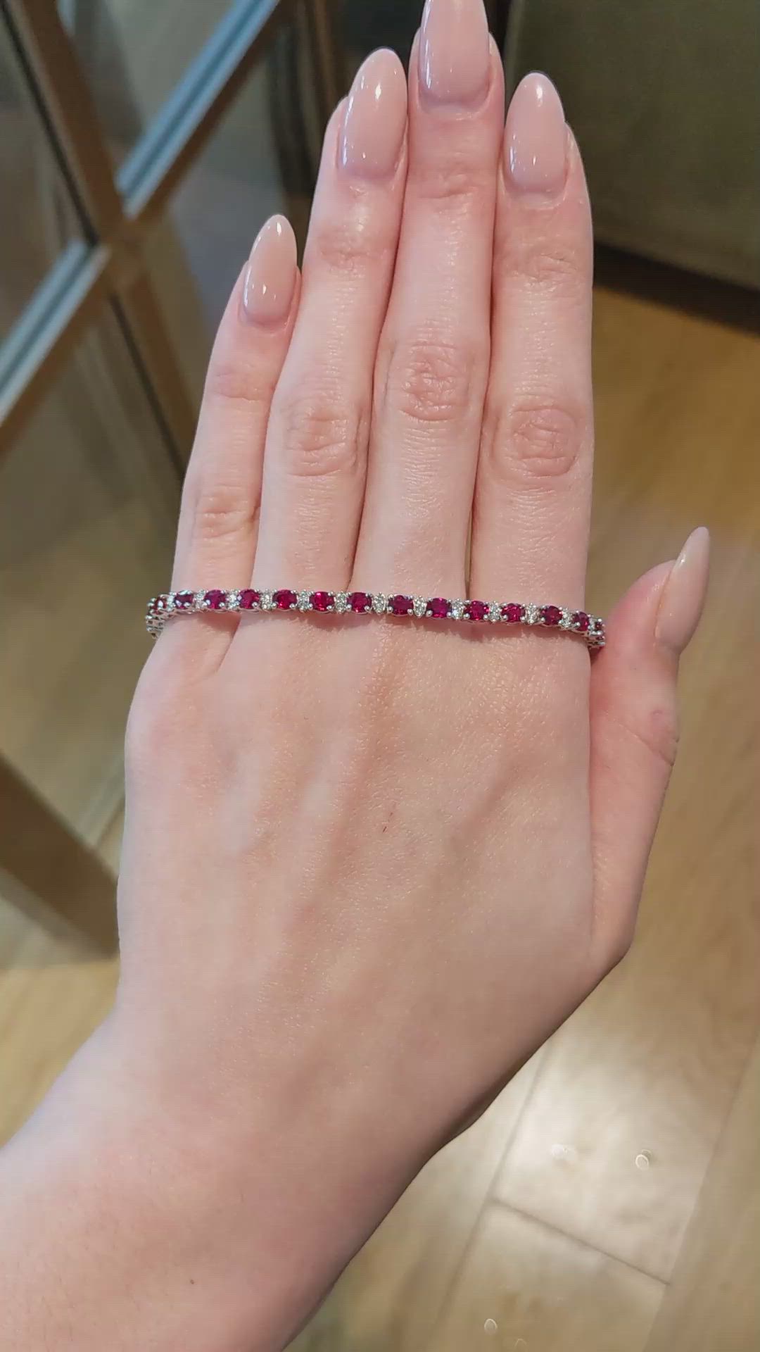 6.32&nbsp;Ct.Tw.Total Carat Weight Ruby and Natural Diamond Pave Bracelet, 18K White Gold Size Video