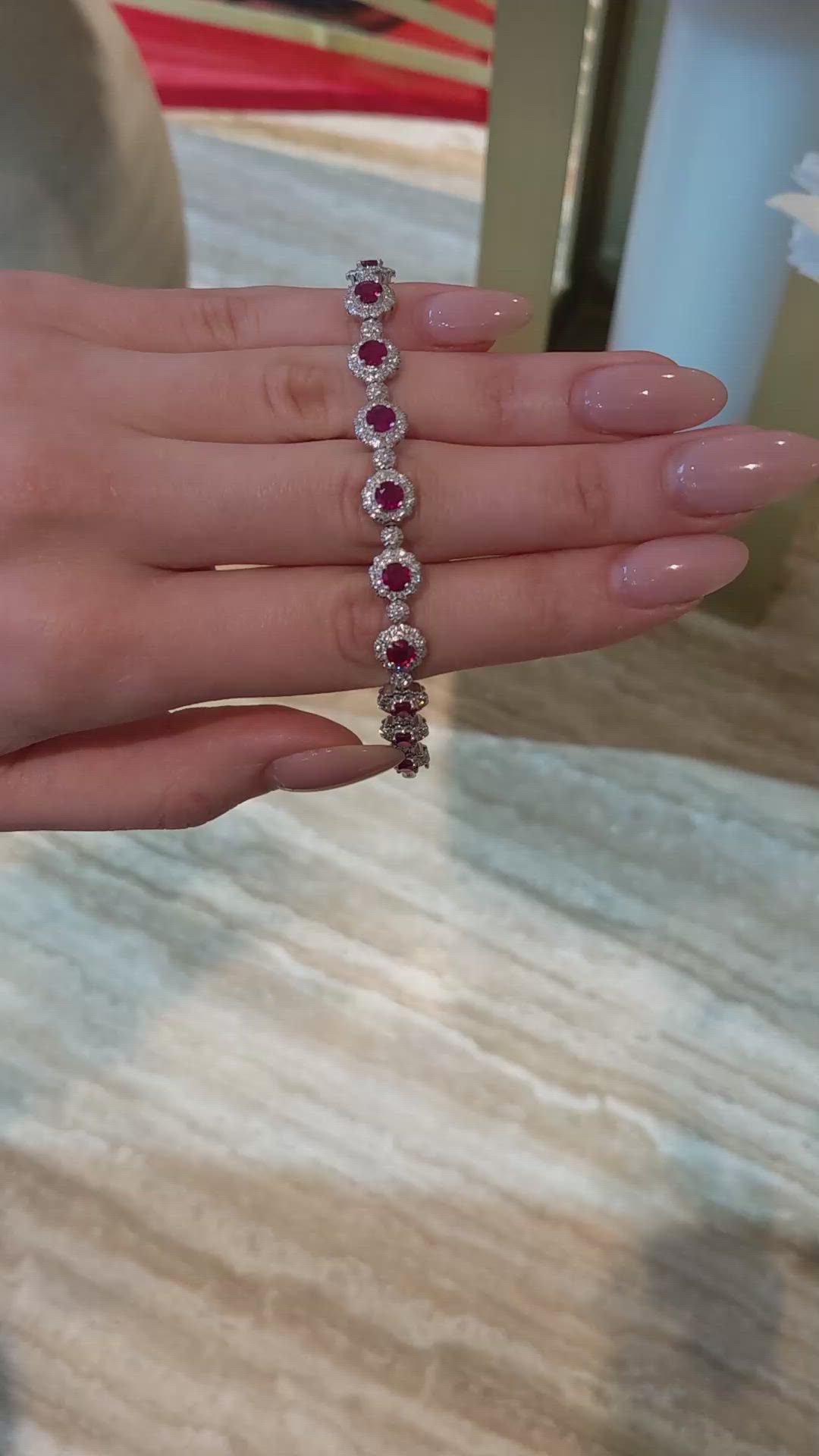 5.60&nbsp;Ct.Tw.Total Carat Weight Ruby and Natural Diamond Pave Bracelet, 18K White Gold Size Video