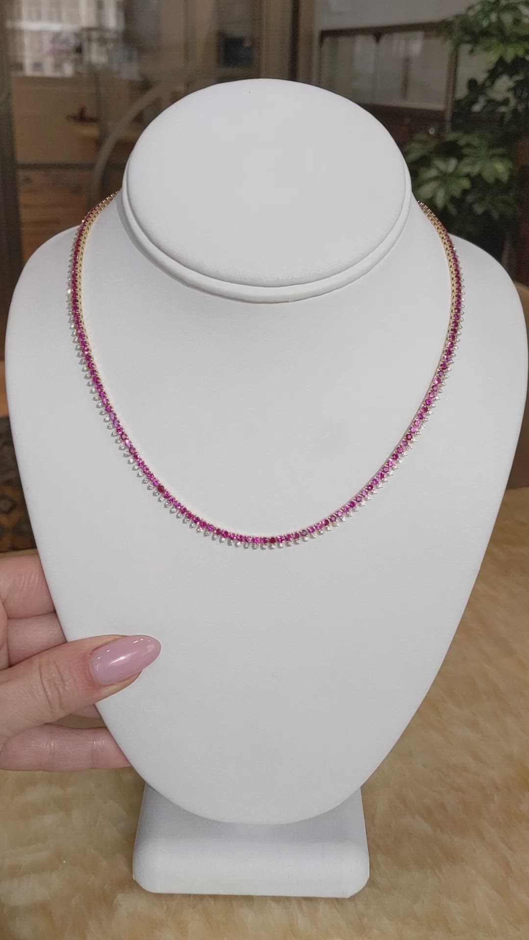 7.20 Ct. Pinkish Red Ruby and Natural Diamond Pave Necklace, 14K Yellow Gold Size Video