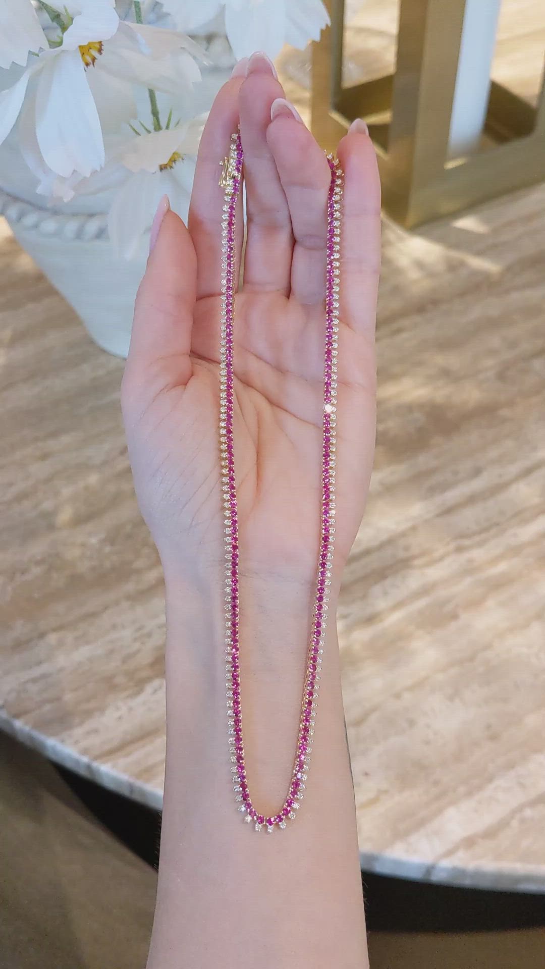 7.20 Ct. Pinkish Red Ruby and Natural Diamond Pave Necklace, 14K Yellow Gold Size Video