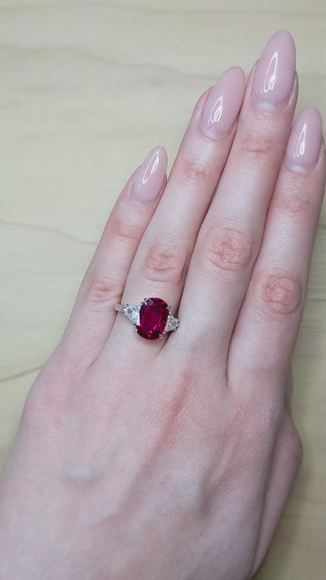 3.78 Ct. Ruby and Natural Diamond Three Stone Ring, Platinum 950 Size Video