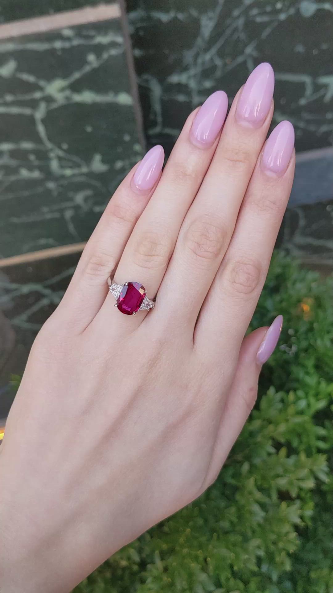 3.78 Ct. Ruby and Natural Diamond Three Stone Ring, Platinum 950 Size Video