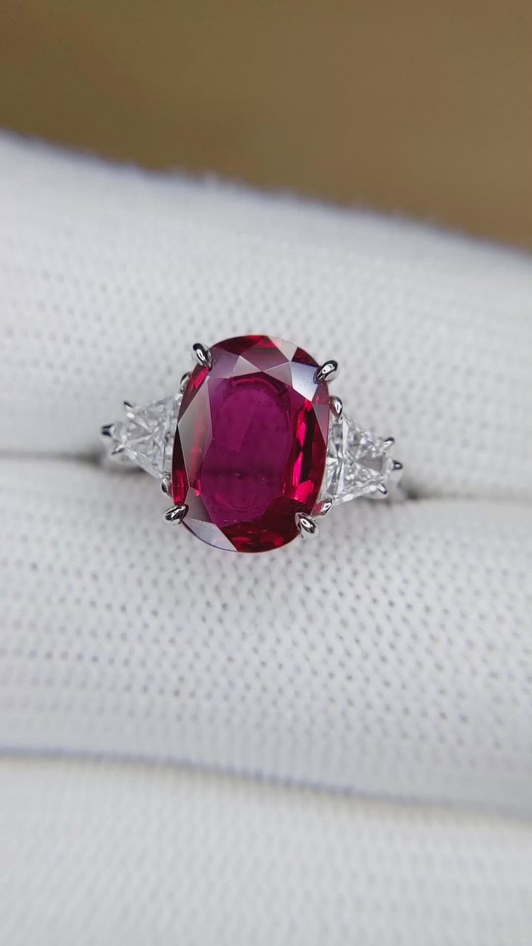 3.78 Ct. Ruby and Natural Diamond Three Stone Ring, Platinum 950 Size Video