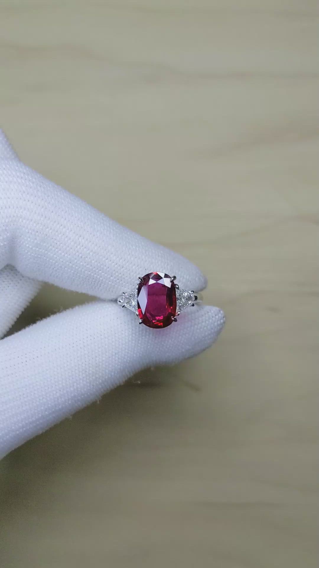 3.78 Ct. Ruby and Natural Diamond Three Stone Ring, Platinum 950 Size Video