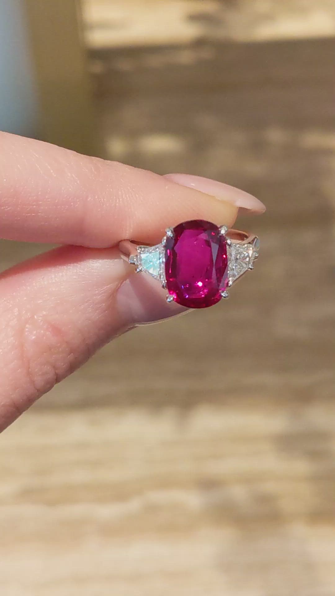 3.78 Ct. Ruby and Natural Diamond Three Stone Ring, Platinum 950 Size Video