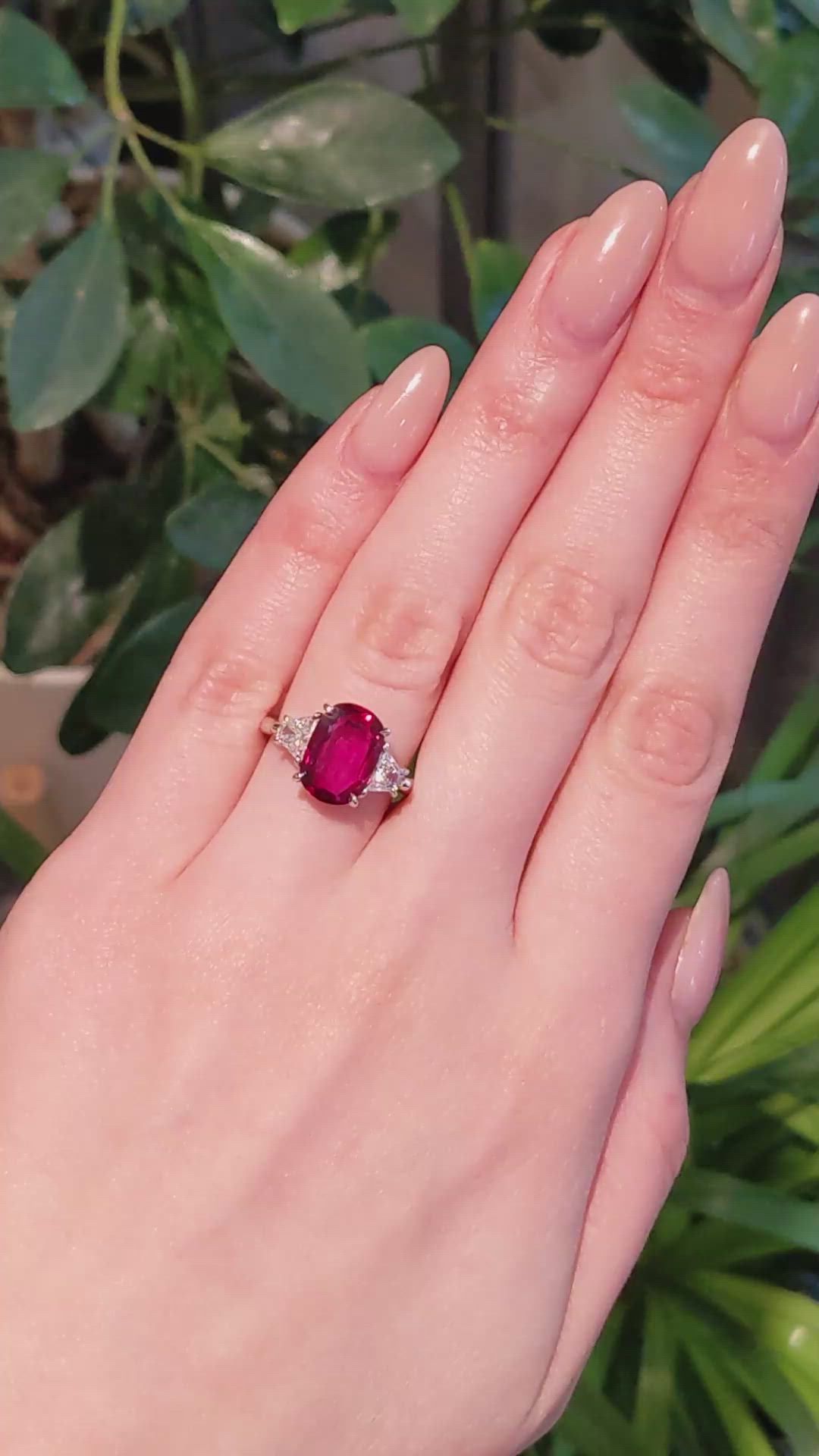 3.78 Ct. Ruby and Natural Diamond Three Stone Ring, Platinum 950 Size Video