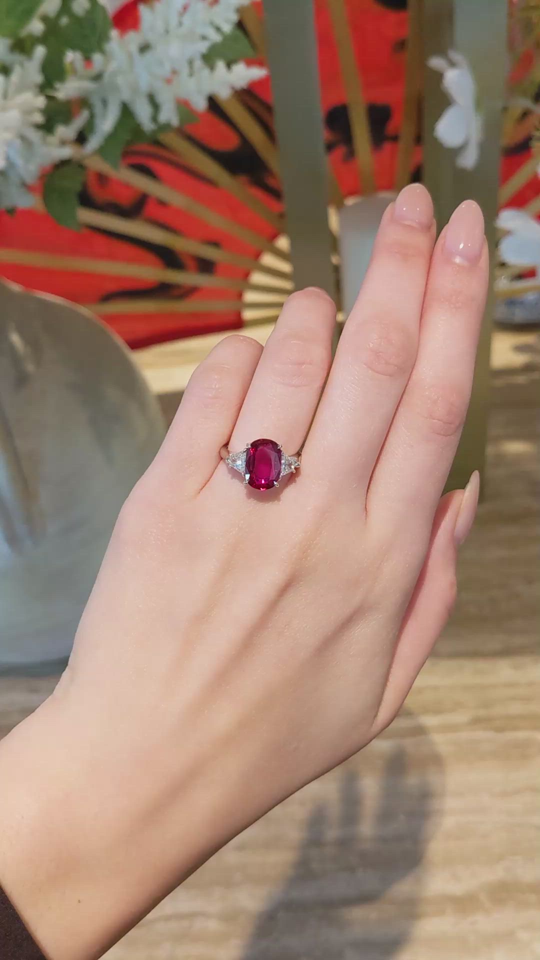 3.78 Ct. Ruby and Natural Diamond Three Stone Ring, Platinum 950 Size Video