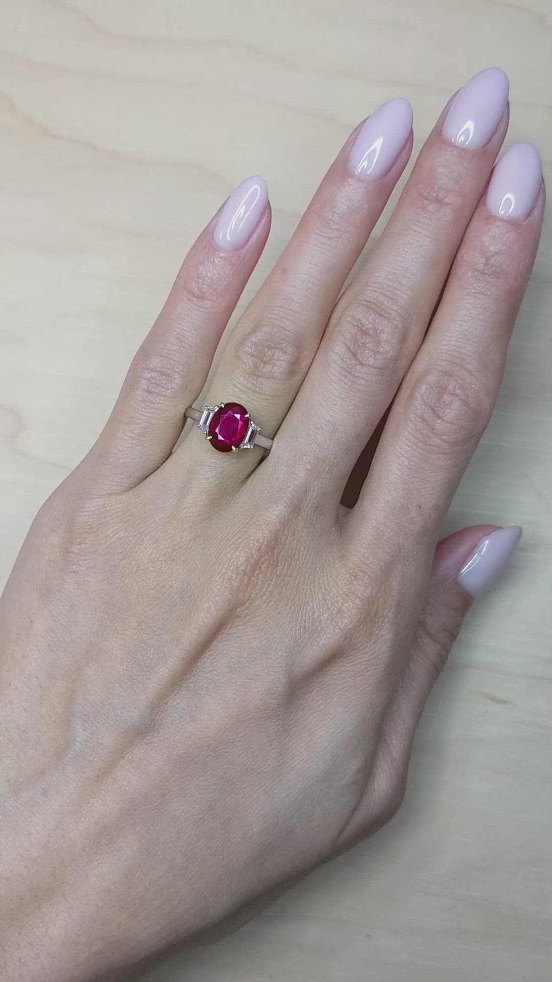 2.32 Ct. Ruby and Natural Diamond Three Stone Ring, Platinum & 18K Yellow Size Video