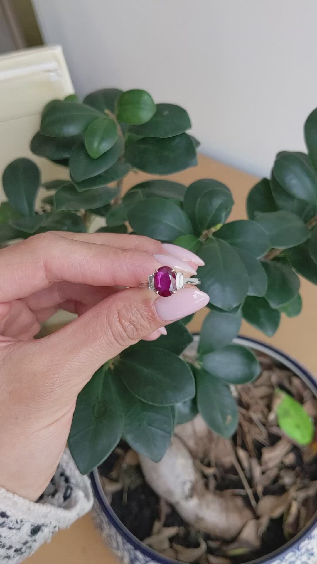 2.32 Ct. Ruby and Natural Diamond Three Stone Ring, Platinum & 18K Yellow Size Video