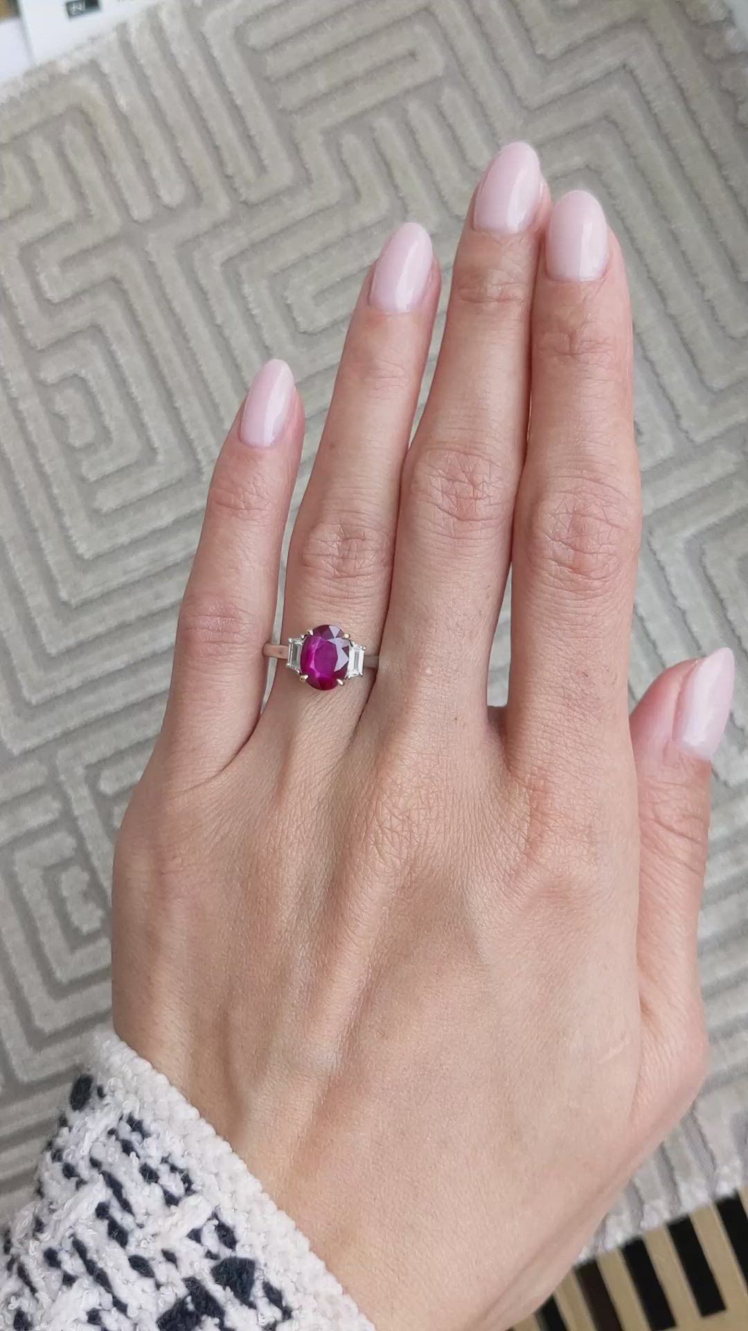 2.32 Ct. Ruby and Natural Diamond Three Stone Ring, Platinum & 18K Yellow Size Video