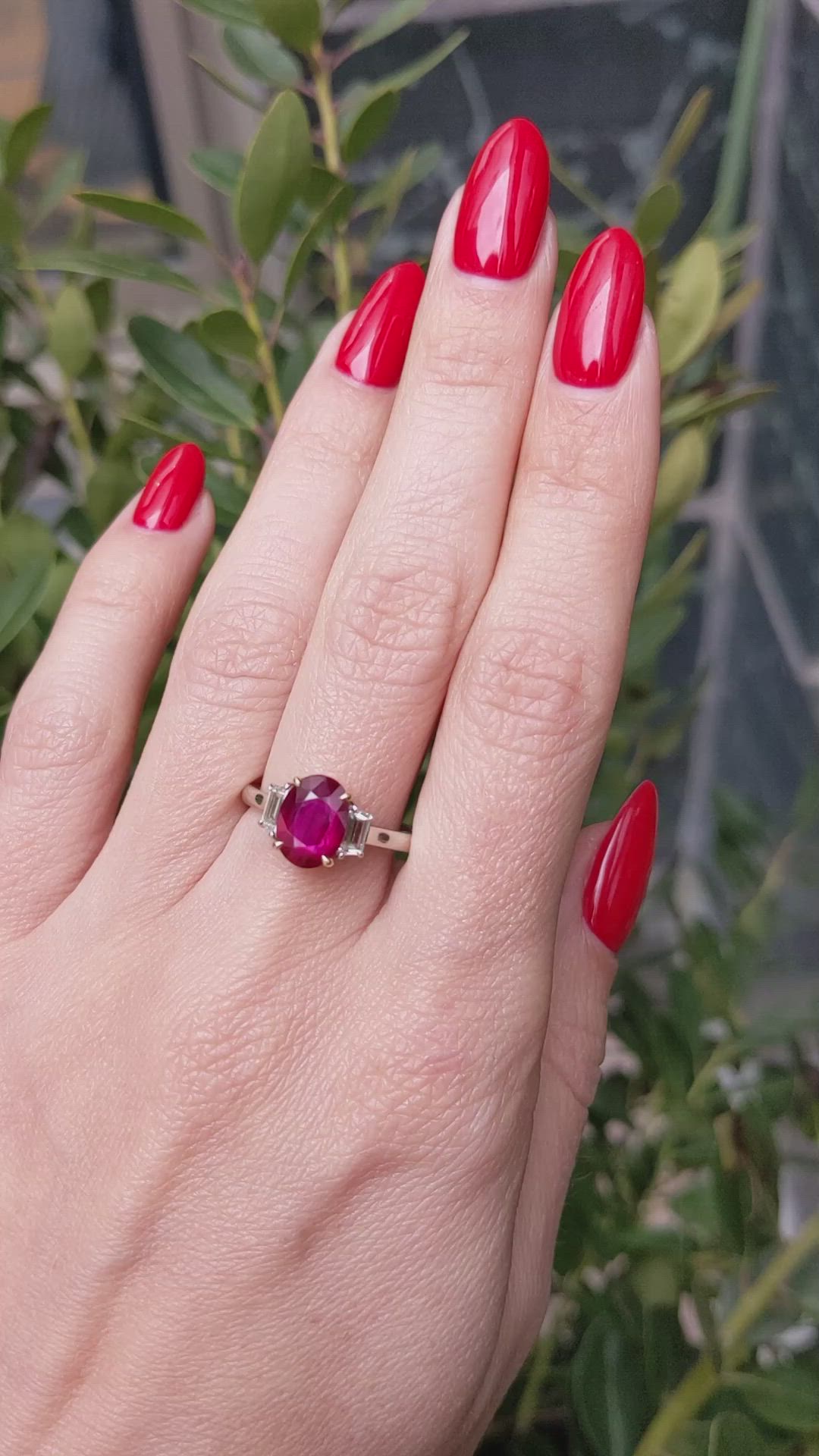 2.32 Ct. Ruby and Natural Diamond Three Stone Ring, Platinum & 18K Yellow Size Video