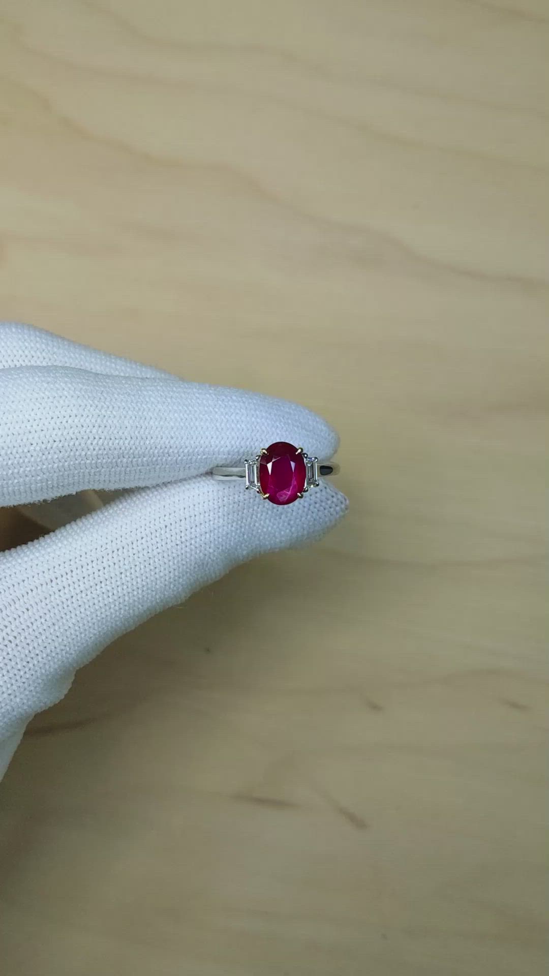 2.32 Ct. Ruby and Natural Diamond Three Stone Ring, Platinum & 18K Yellow Size Video