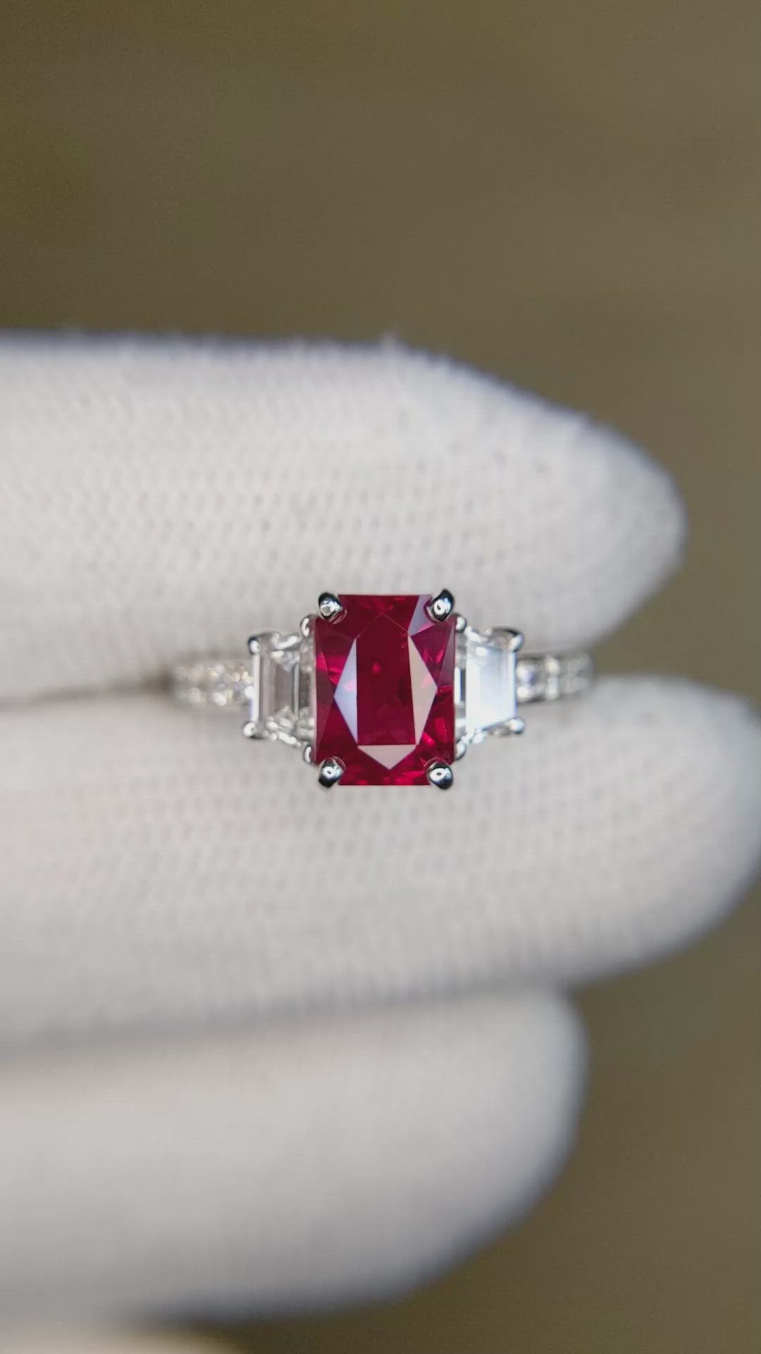 2.19 Ct. Ruby and Natural Diamond Three Stone Ring, 18K White Gold Size Video
