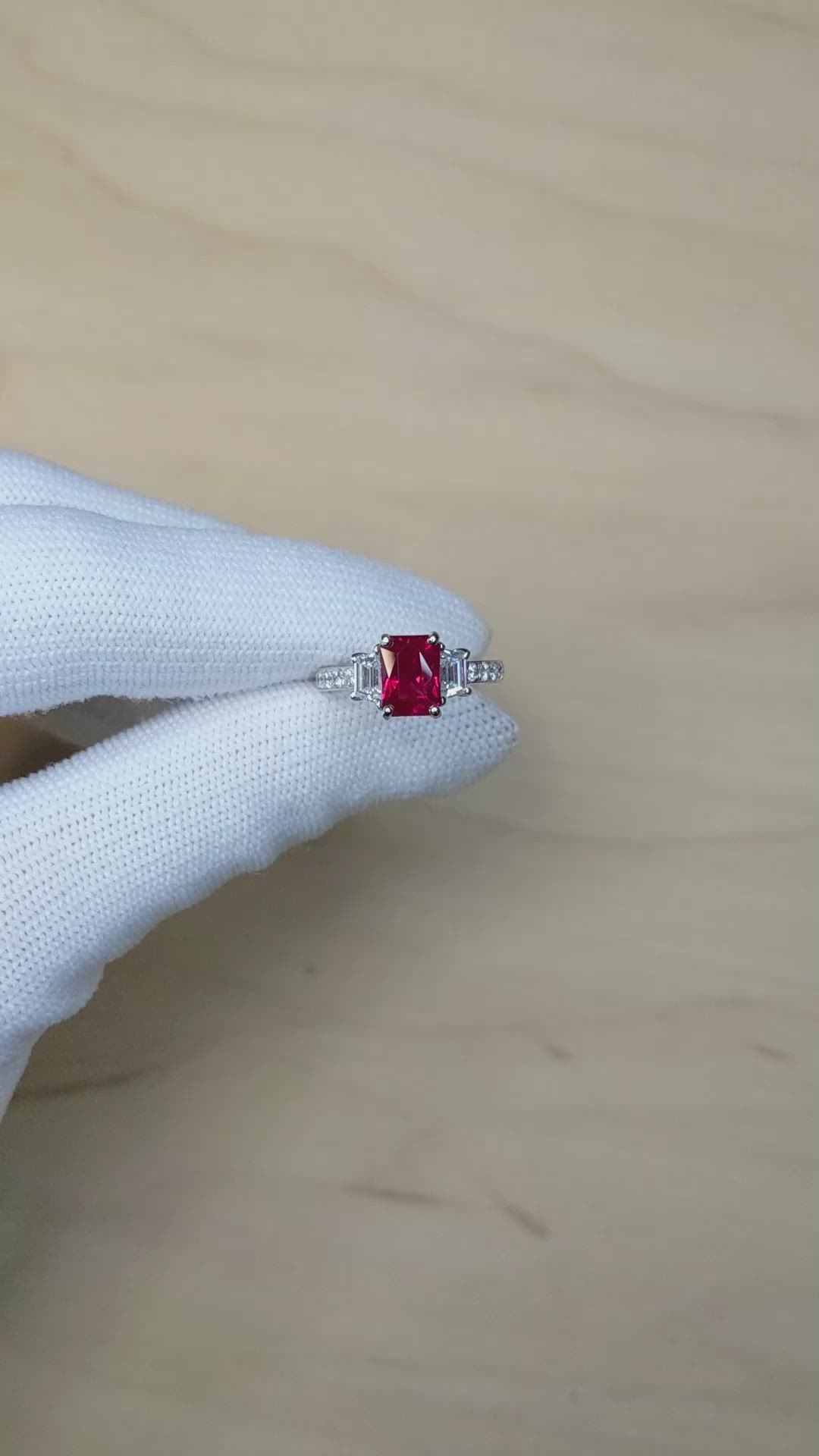 2.19 Ct. Ruby and Natural Diamond Three Stone Ring, 18K White Gold Size Video