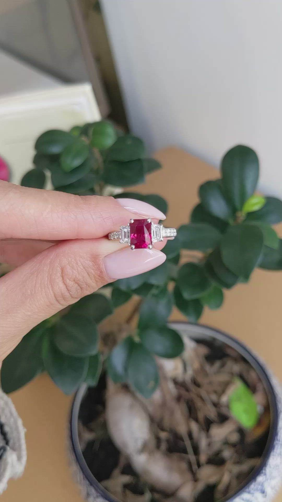 2.19 Ct. Ruby and Natural Diamond Three Stone Ring, 18K White Gold Size Video